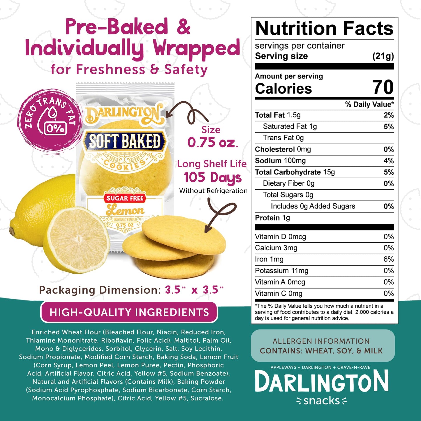 Darlington Snacks Soft Baked Sugar Free Lemon Cookies, Sugar-Free Soft Lemon Cookies, 100% Nut Free Cookies Lemon Dessert, Made