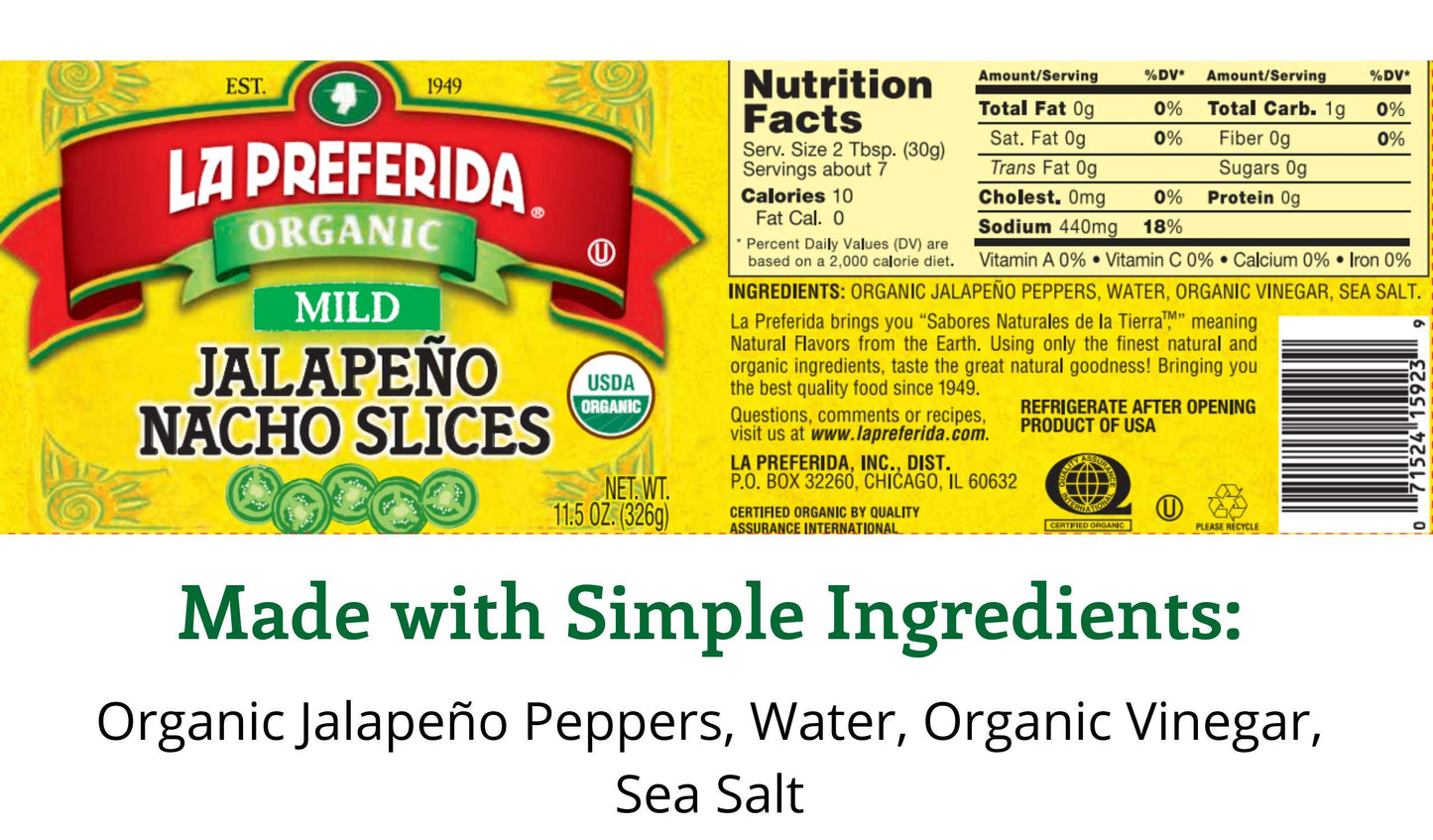 Organic Mild Jalapeo Slices: The Perfect Topping For Tacos, Nachos, And Burgers, La Preferida, 11.5 Oz (Pack Of 2)
