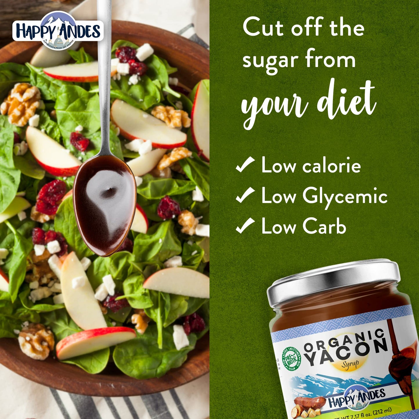 Happy Andes Organic Yacon Syrup oz. 100 Vegan Raw LowCalorie Peruvian Sweetener Sugar Substitute for Blood Glucose Control Healt