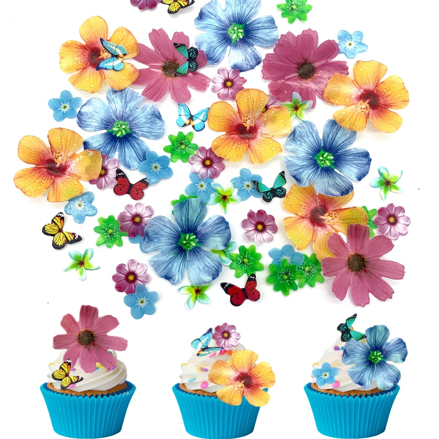 Weraru 58Pcs Edible Butterfly And Flowers Cake Topper Cupcake Toppers Wedding Themed Party Birthday Cake Decoration Mixed Size &