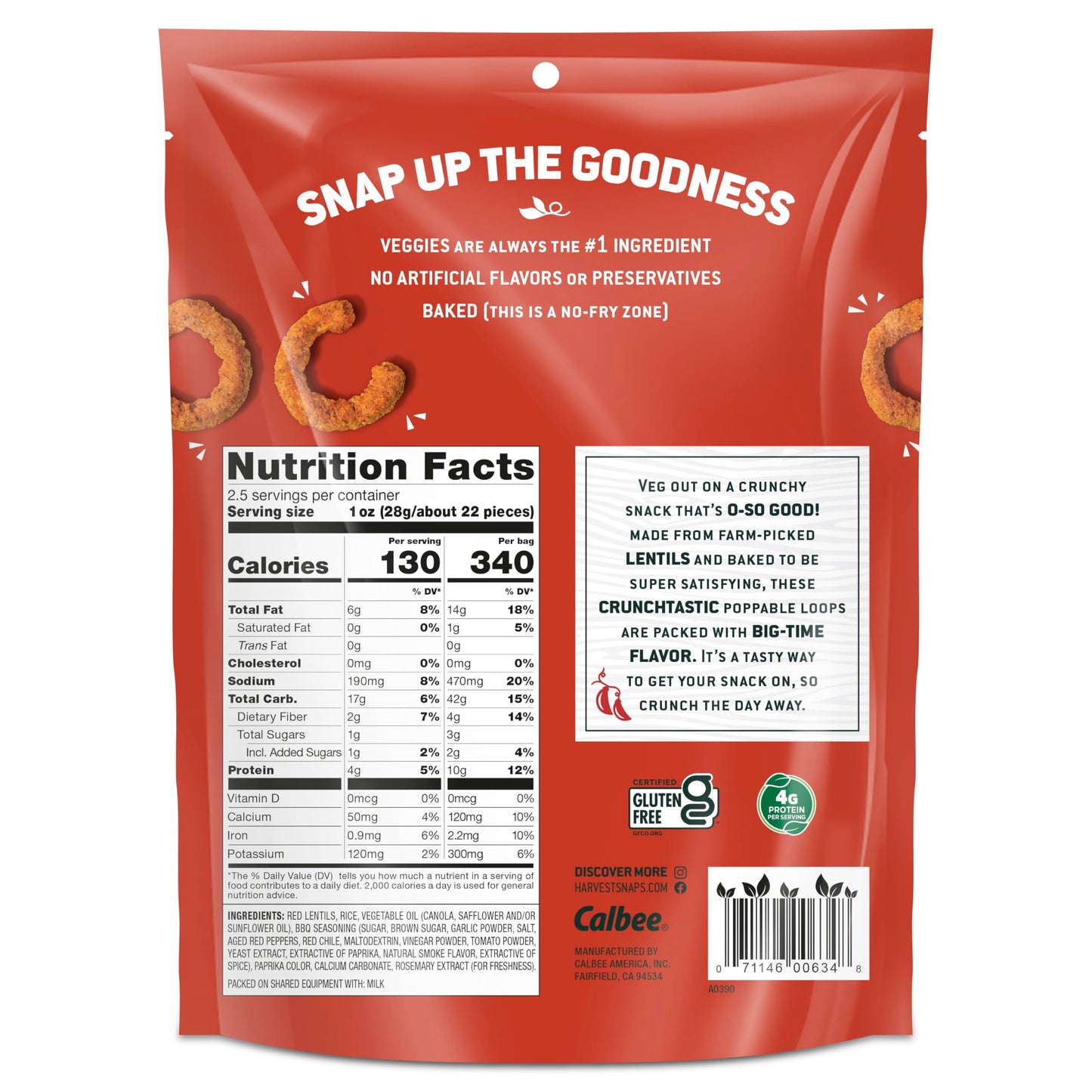 Harvest Snaps Veggie Chips (Kick'N Bbq Crunchy Loops) | Powered By Plant Protein, Gluten Free, Non-Gmo Baked Vegetable Crisps |