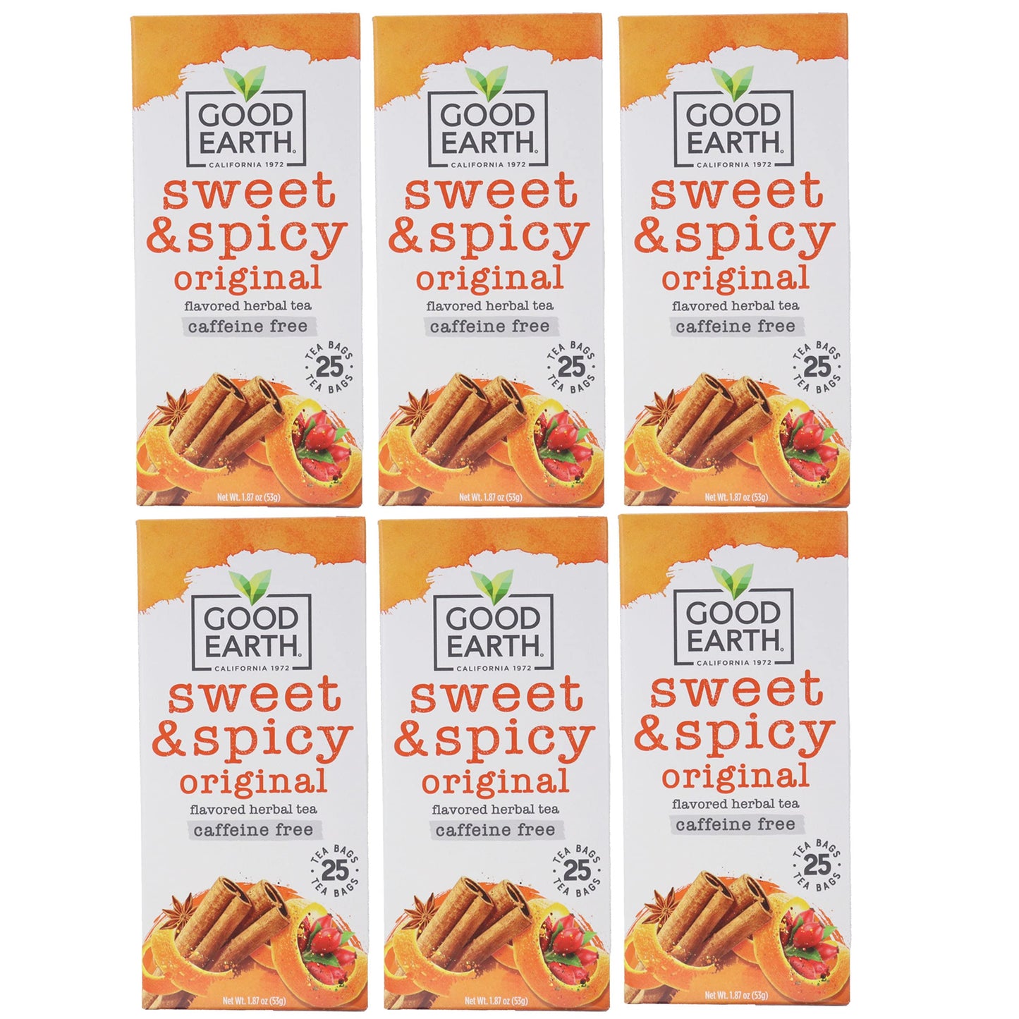 Good Earth Sweet and Spicy Herbal Tea, Caffeine-Free, 25 Tea Bags per Box, Pack of 6