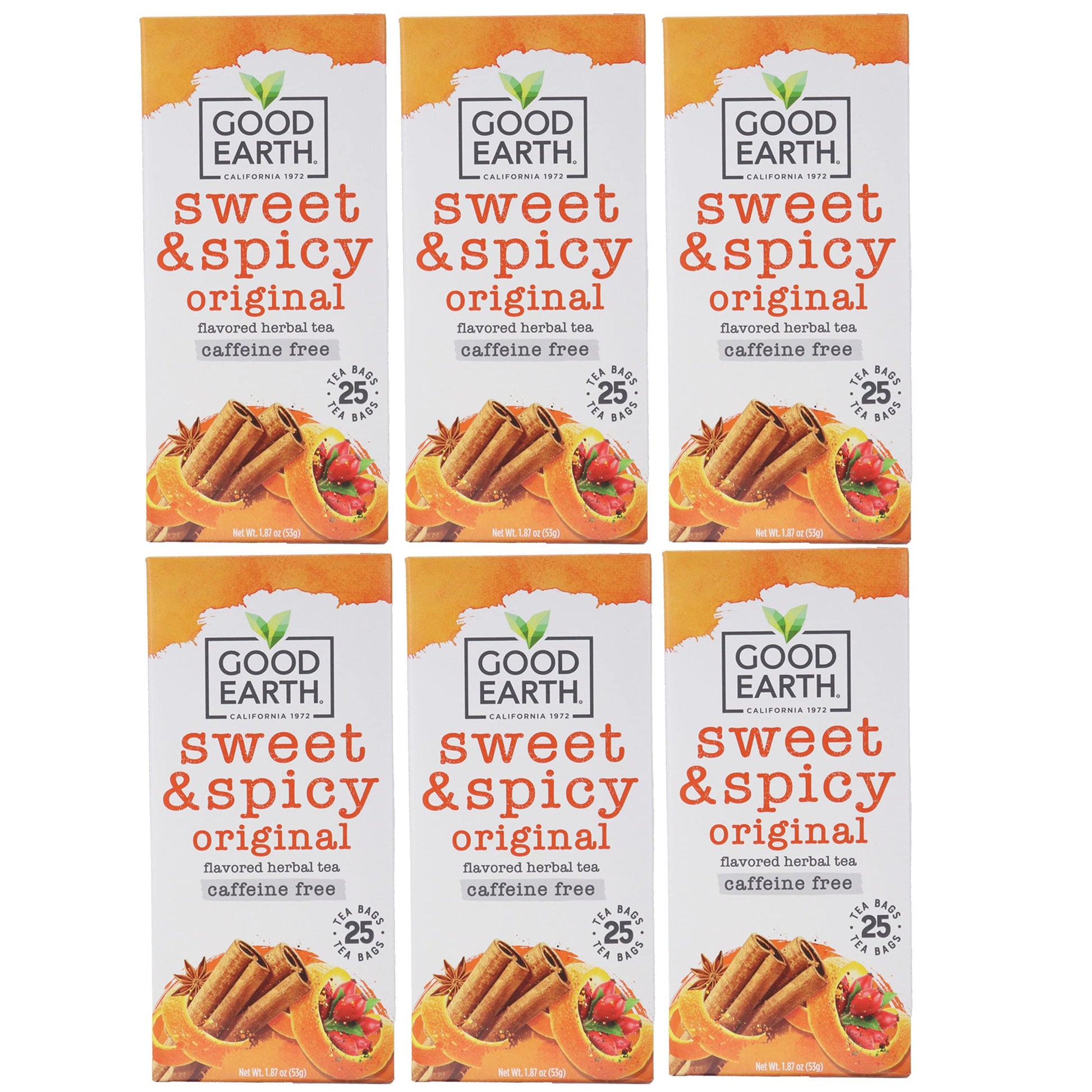 Good Earth Sweet and Spicy Herbal Tea, Caffeine-Free, 25 Tea Bags per Box, Pack of 6