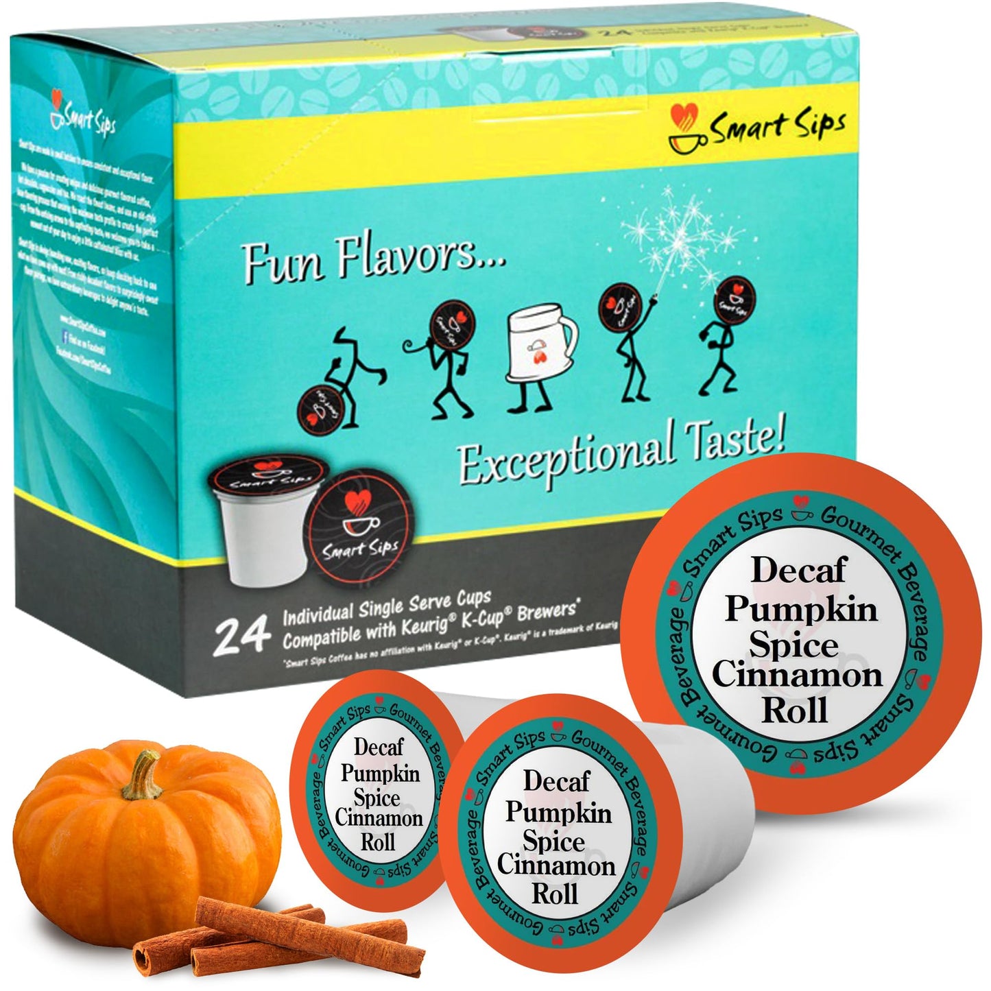 Smart Sips Coffee Decaf Pumpkin Spice Cinnamon Roll Medium Roast Single Serve Pods, 24 Count