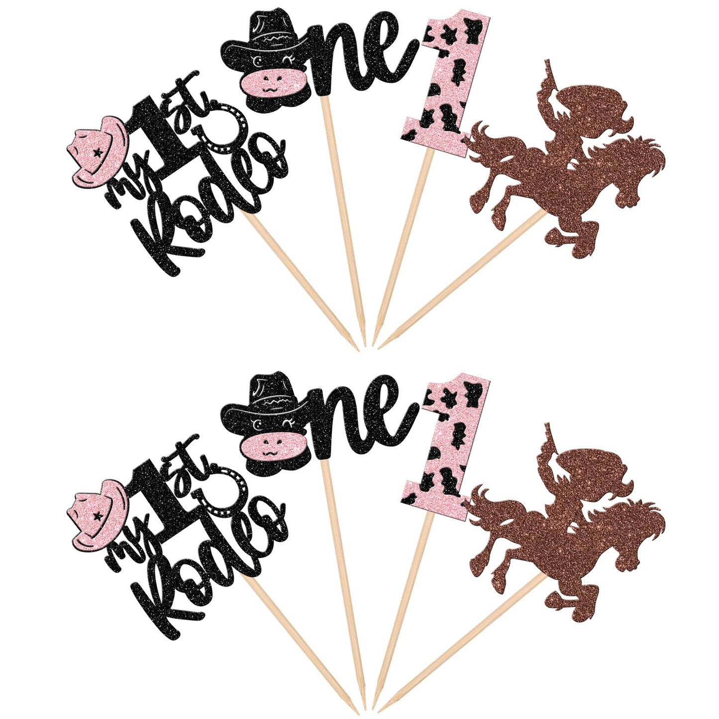 24 Pcs Cowboy 1St Birthday Cupcake Toppers Glitter Hat Cowboy One My 1St Rodeo Cupcake Picks First Birthday Cow One Cake Decorat