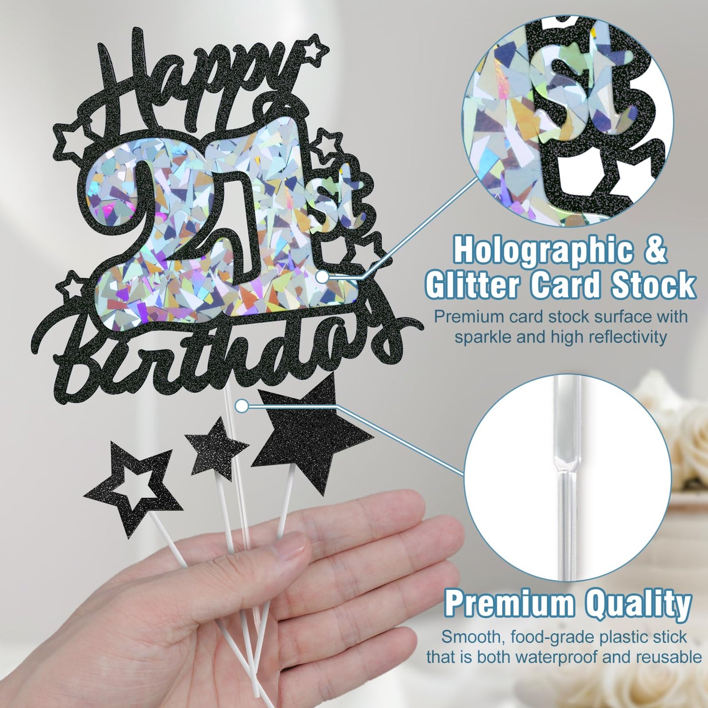 Happy 21St Birthday Cake Topper, Black Glitter And Gem Patterns Card Stock Cake Toppers, 21 Year Birthday Party Cake Decoration