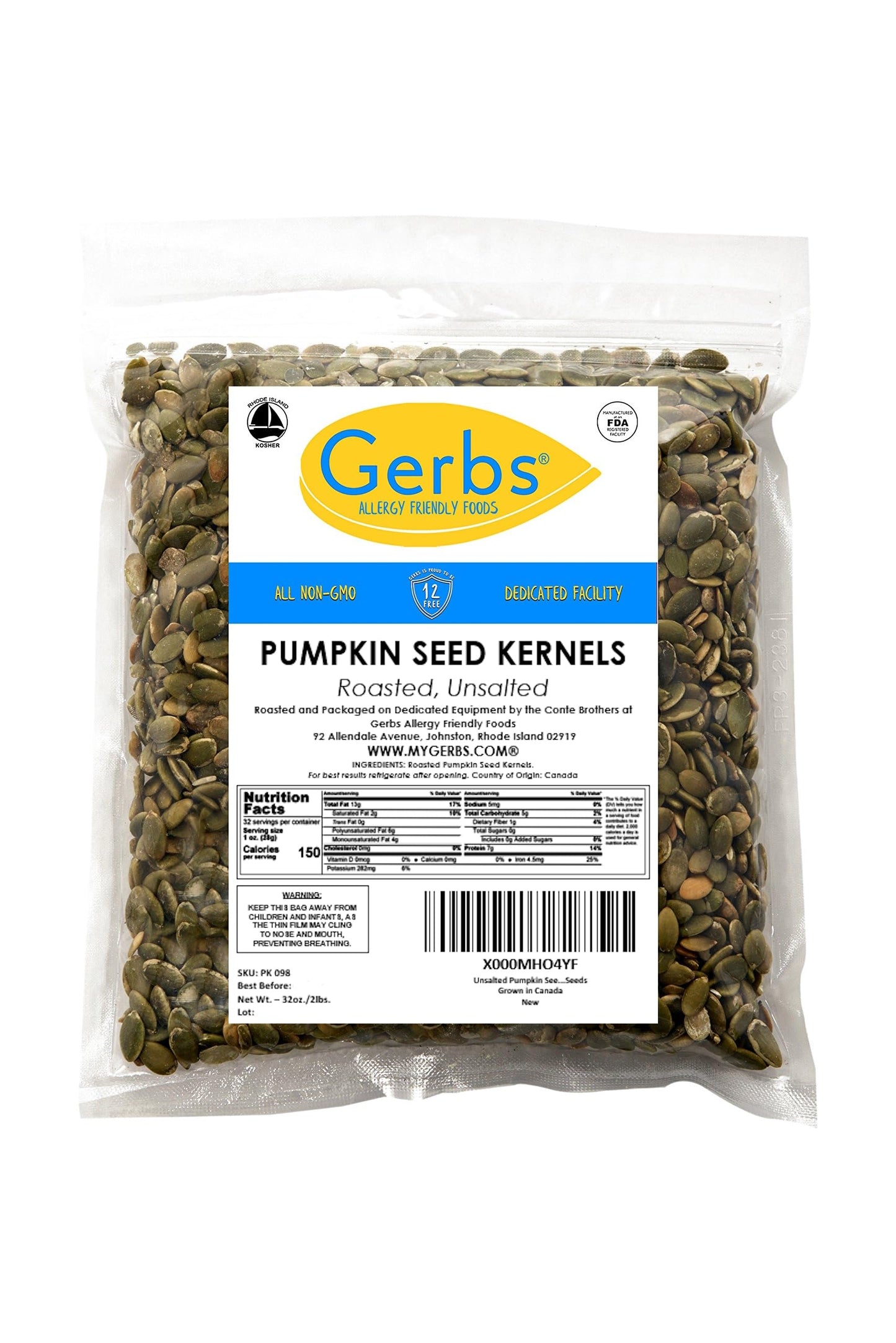 Gerbs Unsalted Pumpkin Seed Kernels 2 Lbs|Top 14 Allergy Free Food |Use In Salads, Yogurt, Bake, Oatmeal, Trail Mix|Grown In Canada, Packed In Us