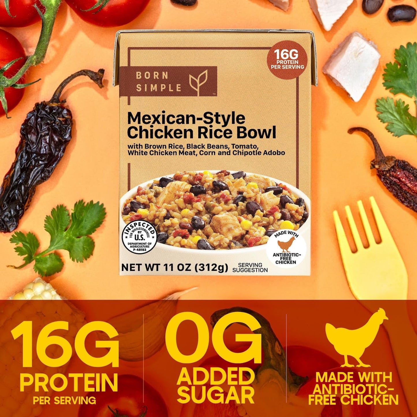 Born Simple Prepared Meals - Ready To Eat Mexican-Style Chicken Rice Bowl | 16G Protein | 11 Oz (Pack Of 8)
