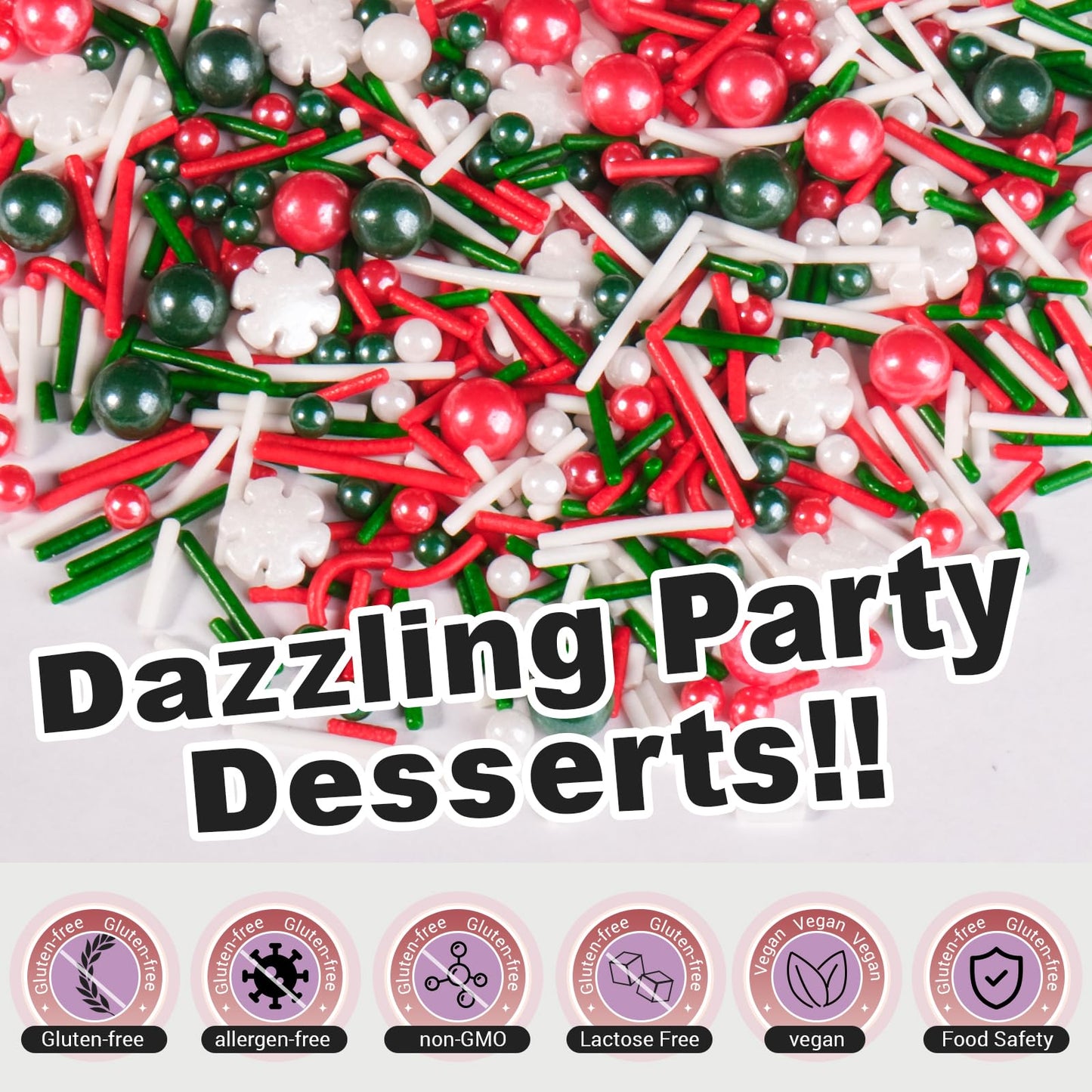 HUEBEATY 6-in-1 Christmas Red and Green Sprinkles for Cookies Baking - 180g Nonpareils, Jimmies, Christmas Tree & Sugar Sprinkle