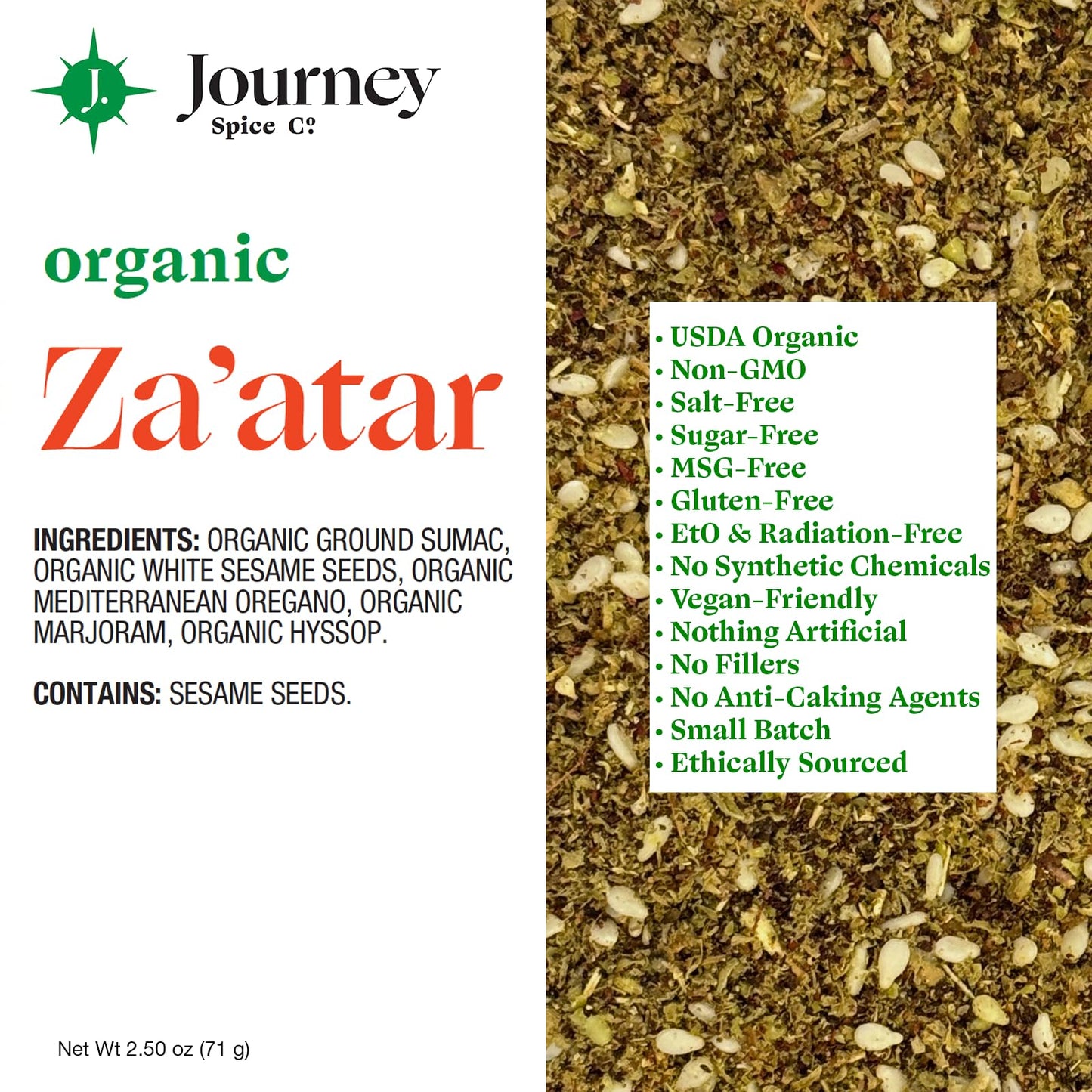 Organic Za'Atar Spice Seasoning By Journey Spice Co. | Salt-Free, Sugar-Free, Non-Gmo | Gourmet Mediterranean All-Purpose Spice