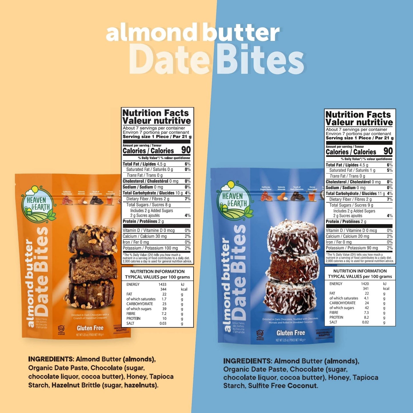 Heaven & Earth Gluten Free Chocolate Covered Almond Butter Date Bite Truffles, 5.25oz (2 Pack Variety), All Natural, Individuall