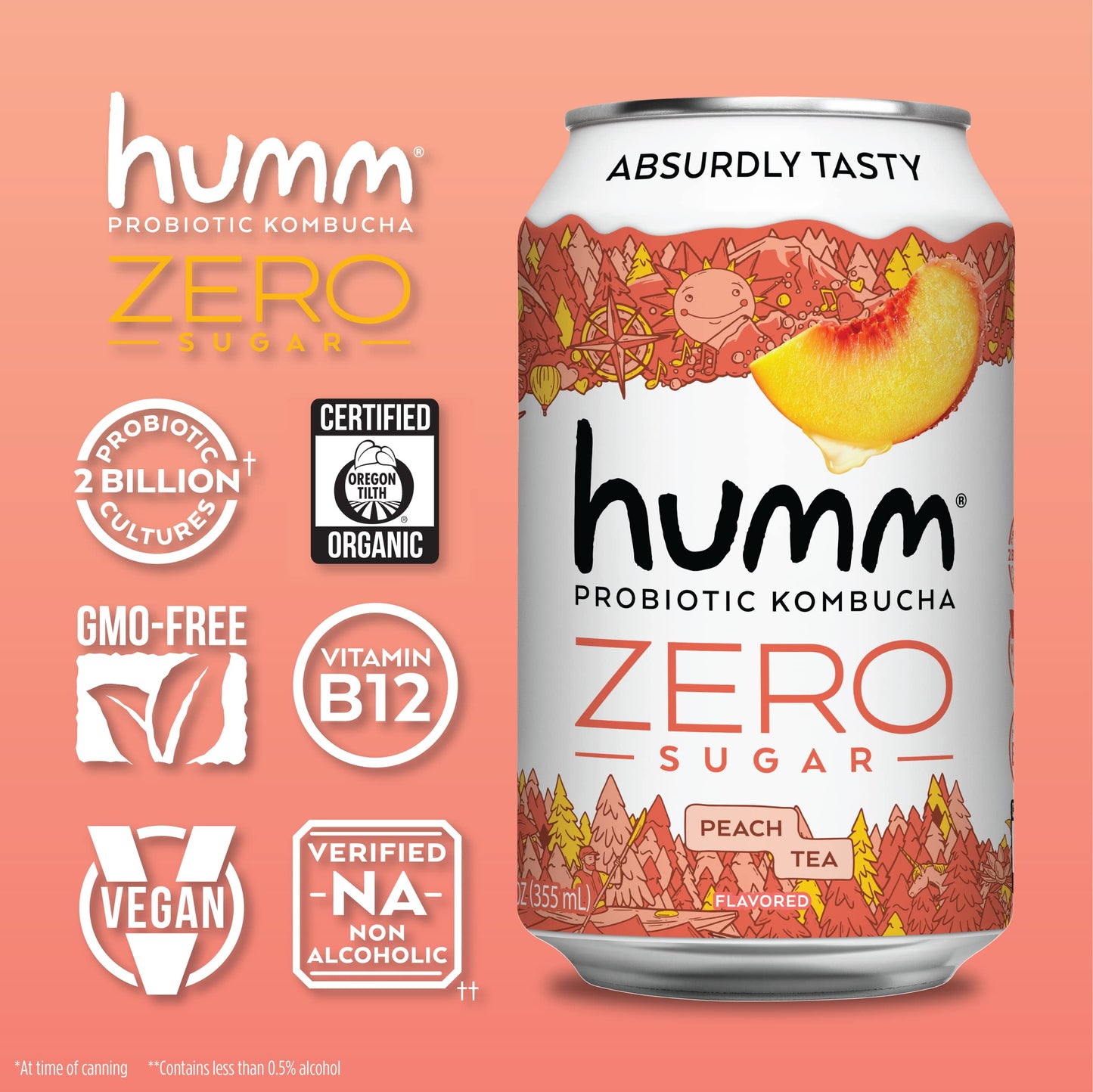 Humm Probiotic Kombucha Zero Sugar Peach Tea, No Refrigeration Needed, Keto Friendly, Organic, Vegan, Gluten Free, 12Oz Cans (16