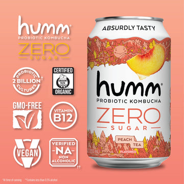 Humm Probiotic Kombucha Zero Sugar Peach Tea, No Refrigeration Needed, Keto Friendly, Organic, Vegan, Gluten Free, 12Oz Cans (16