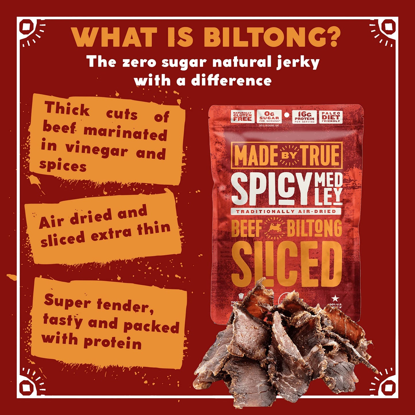 Made By True Beef Sliced Bites - All Natural,True Jerky Biltong - High Protein, Keto, Paleo & Whole30 Diet - Sugar-Free, Gluten-