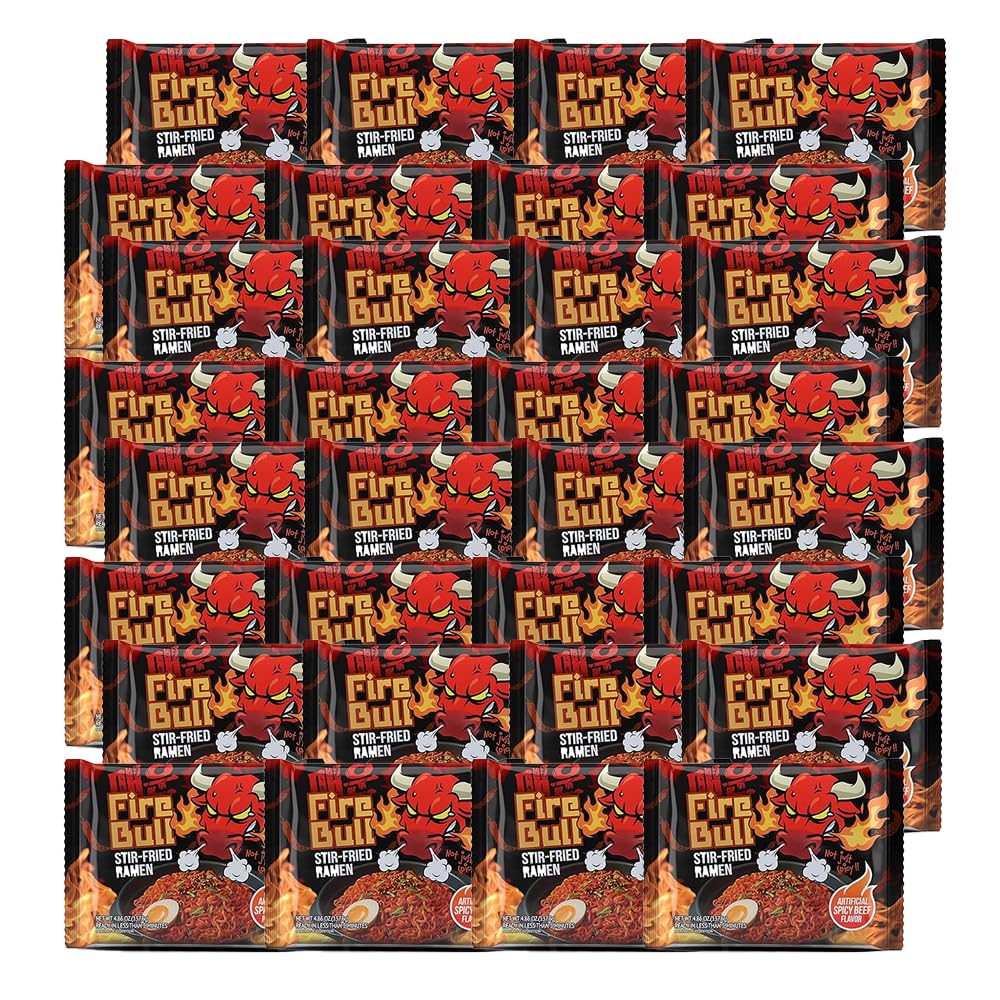 FIRE BULL RAMEN Intense Spicy Stir-Fried Ramen | Thick Chewy Noodles | 32 Pouches (1 Case)