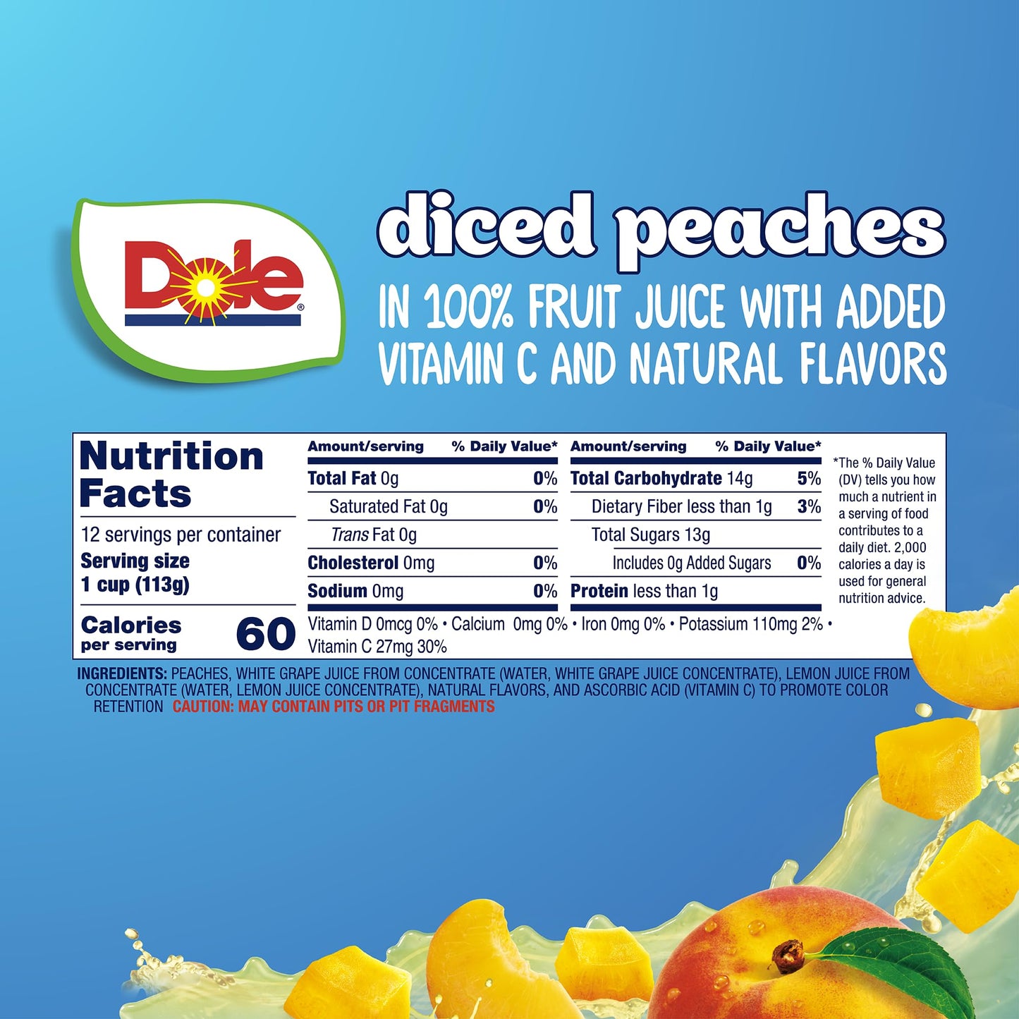 Dole Fruit Bowls Diced Peaches in 100% Juice Snacks, 4oz 12 Total Cups, Gluten & Dairy Free, Bulk Lunch Snacks for Kids & Adults