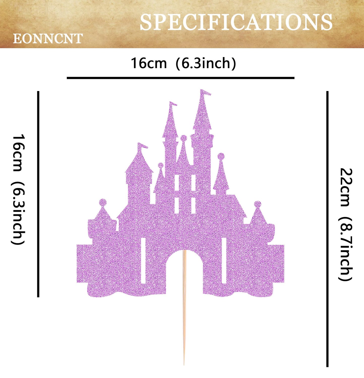 EONNCNT Castle Cake Topper - Purple Glitter Cardboard Birthday Decoration, 6.3x8.7