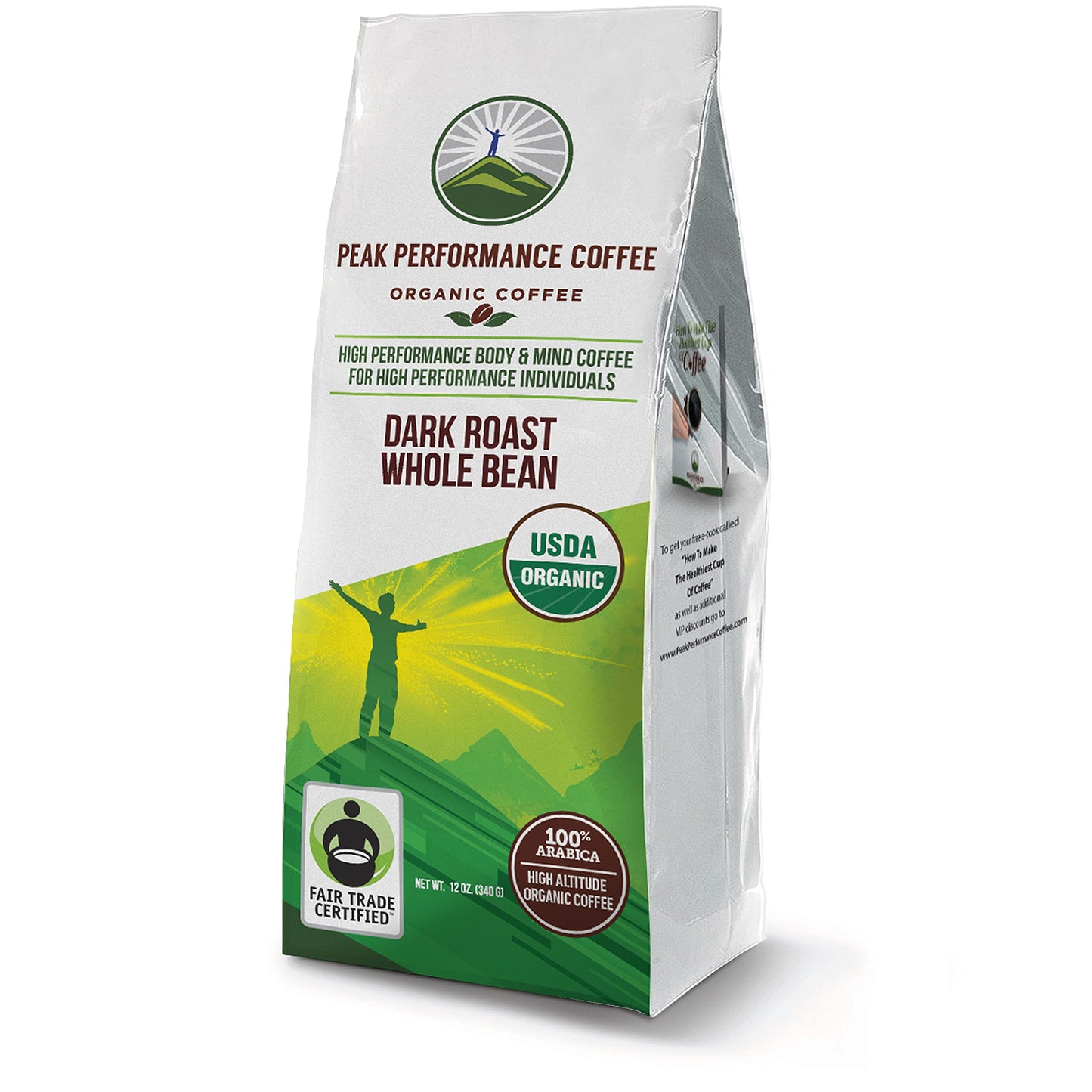 Peak Performance High Altitude Organic Coffee, Dark Roast, Low Acid, USDA Certified, 12 Ounce Whole Bean Bag