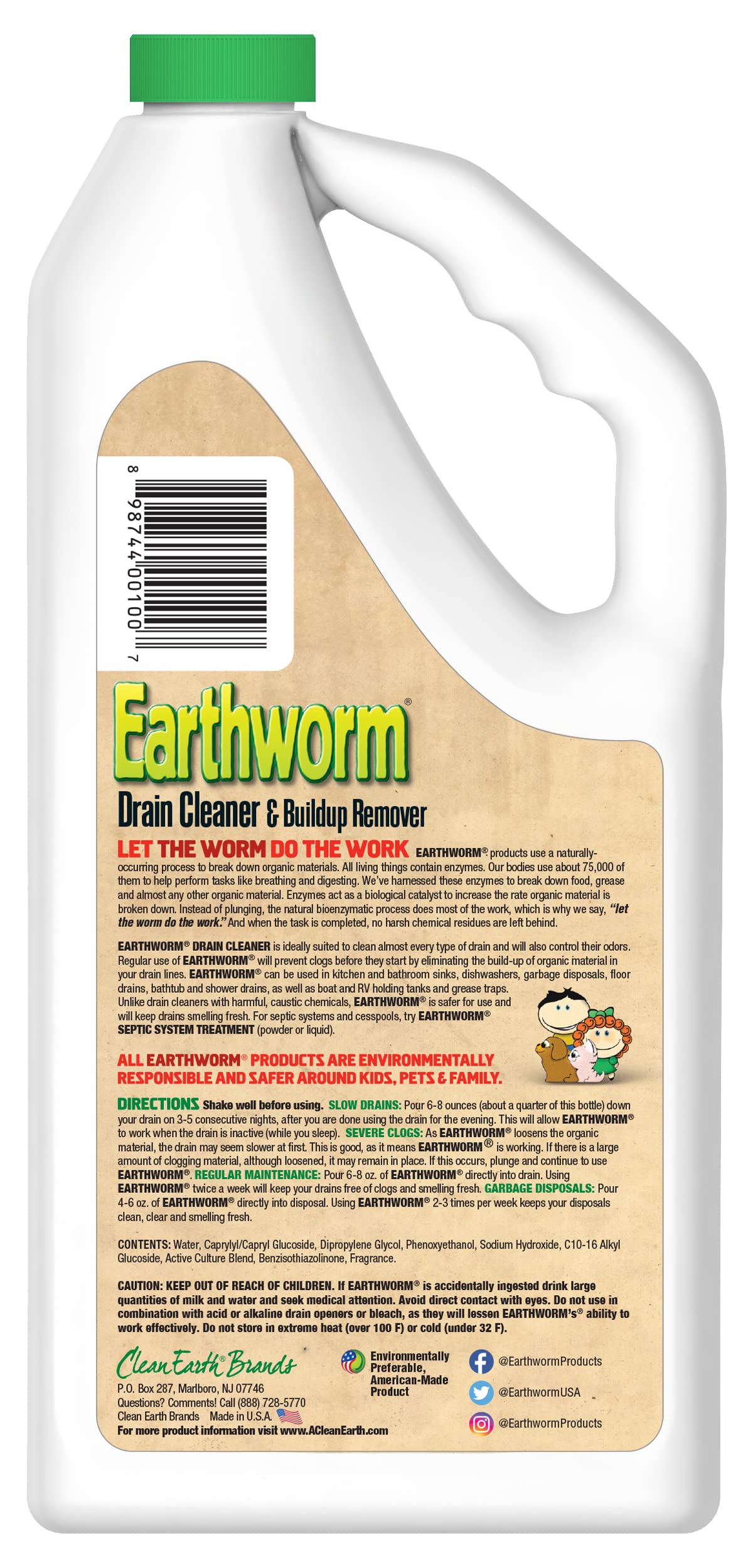 Earthworm Drain Cleaner - Clog Remover - Drain Opener / Deodorizer - Natural Enzymes, Safer For Families, Environmentally Respon