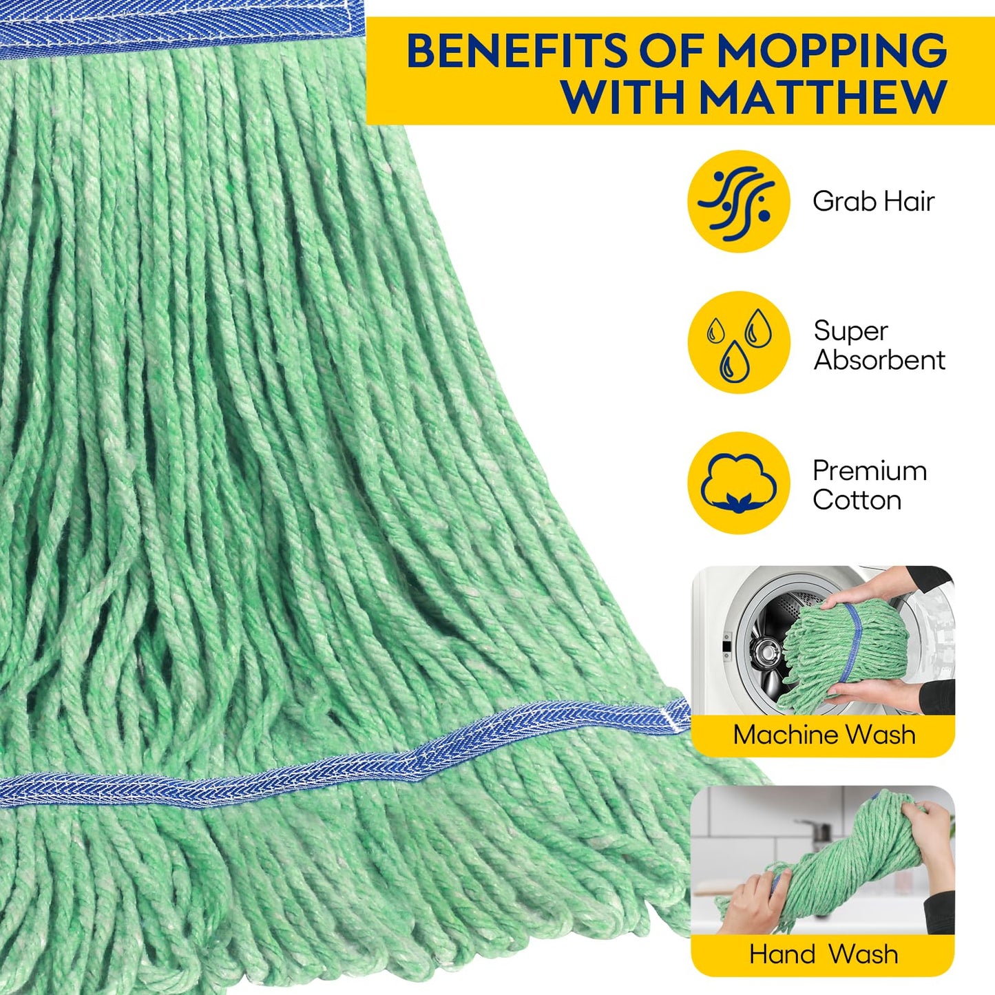 Matthew Cleaning Heavy Duty Mop Head Commercial Replacement For General And Floor Cleaning, Wet Industrial Blue Cotton Looped En