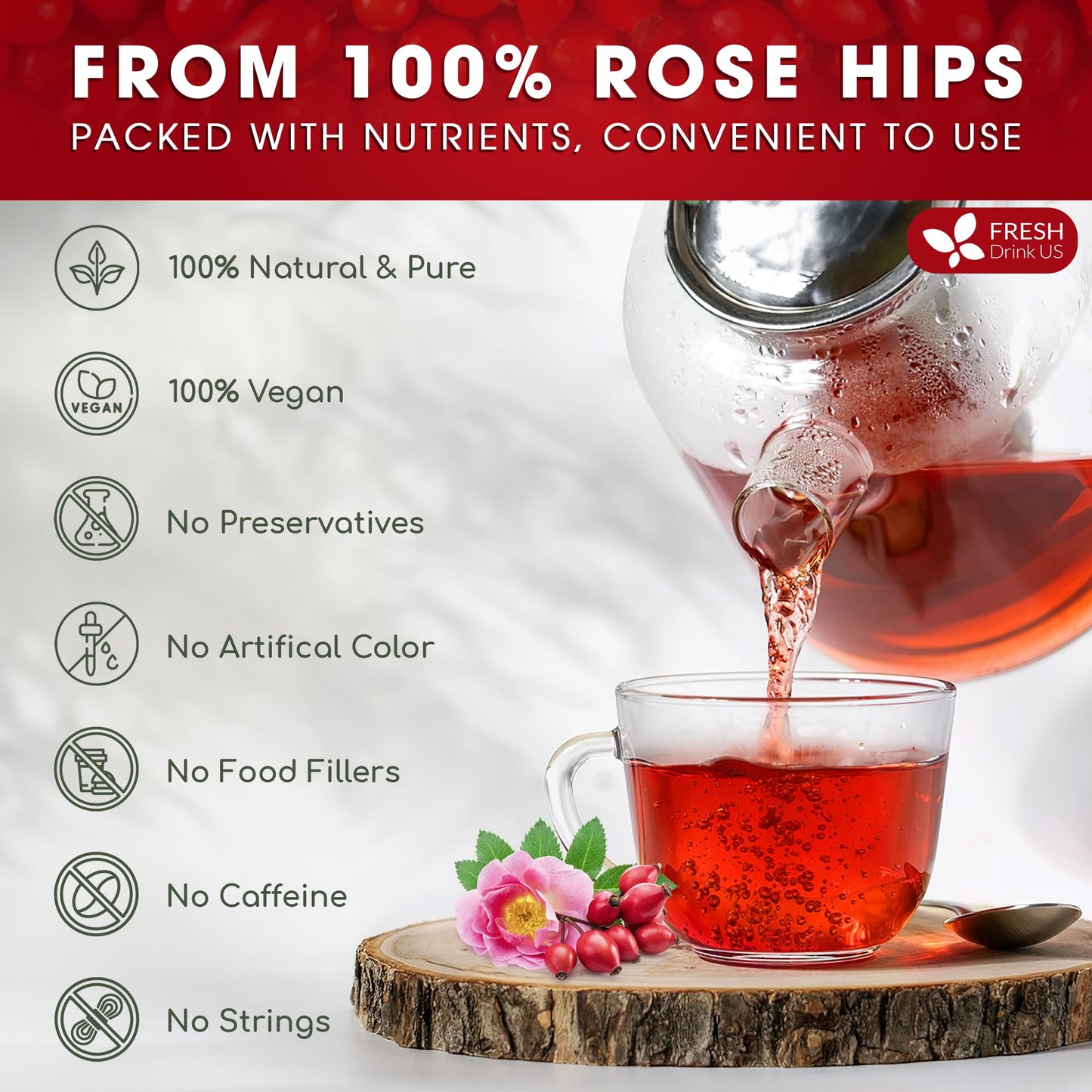 FRESHDRINKUS Rosehip Herbal Tea Bags, 100% Natural, Vegan, 30 Count