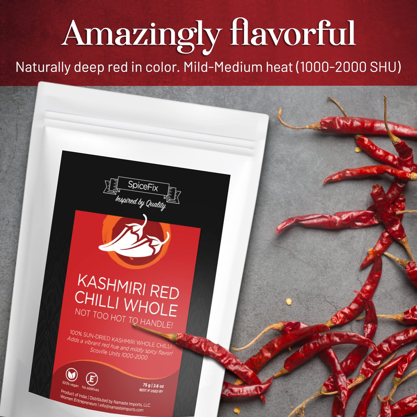 Spicefix - Whole Kashmiri Red Chilli Pepper, Mild To Medium Heat Natural Stemless Chillies, Sun-Dried Red Pepper, Indian Dried Chili Peppers In A Resealable Bag, 2.6 Ounces