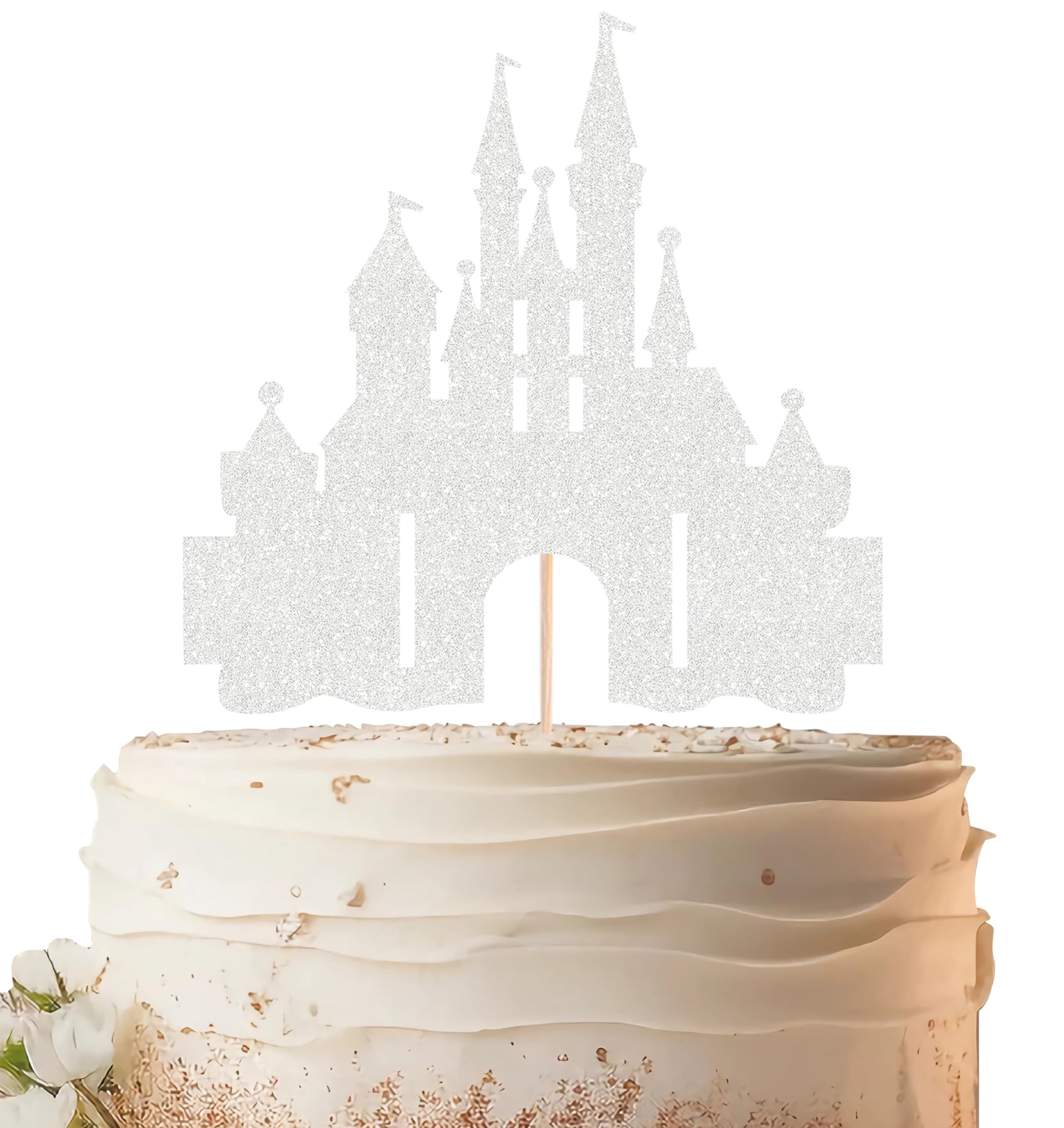 EONNCNT Castle Cake Topper - Silver Glitter Cardboard, 6.3 x 8.7 inches, Birthday Party Supplies, Baby Shower Decor