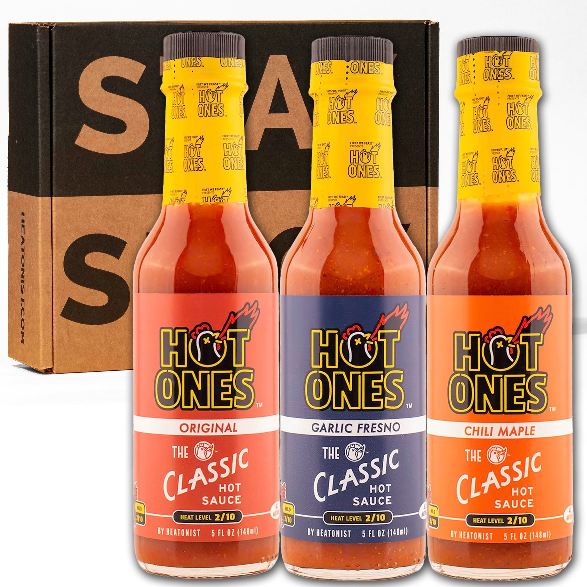 HOT ONES Hot Sauce Pack - Classic Original, Garlic Fresno Chili & Chili Maple, 5 fl oz (3-Pack)
