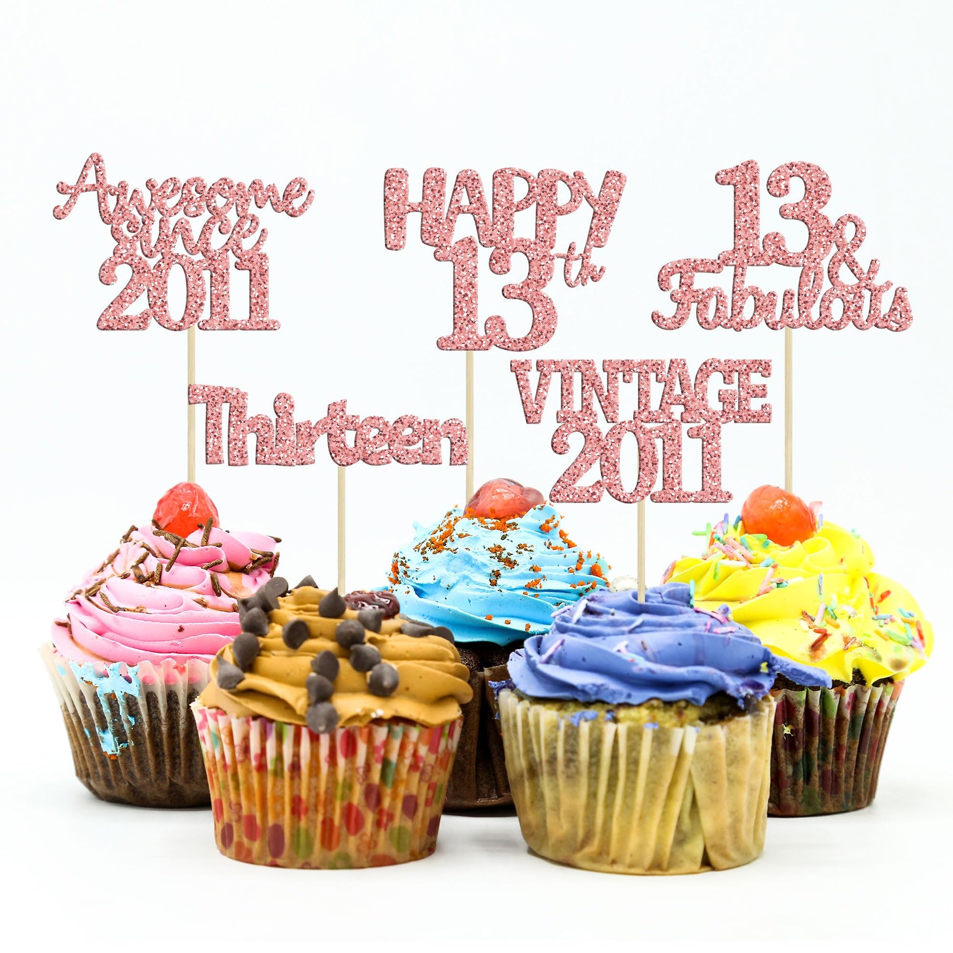 Gyufise Cupcake Toppers 30Pcs Rose Gold Glitter 13th Birthday Wedding Anniversary Decorations Model ZN0331-13