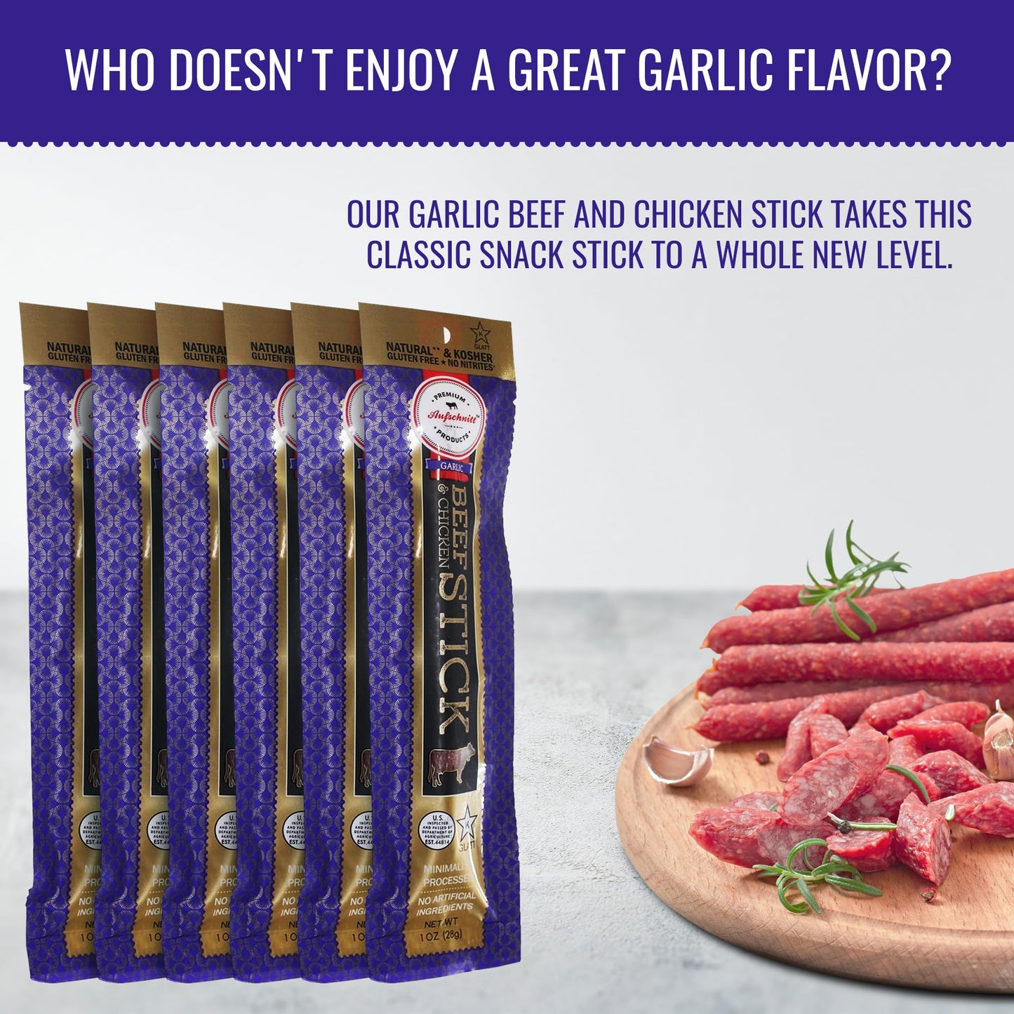 Aufschnitt Grass Fed Beef Jerky Sticks - Low Sodium, Certified Kosher - Halal And Keto Friendly - 6 Pack, Garlic
