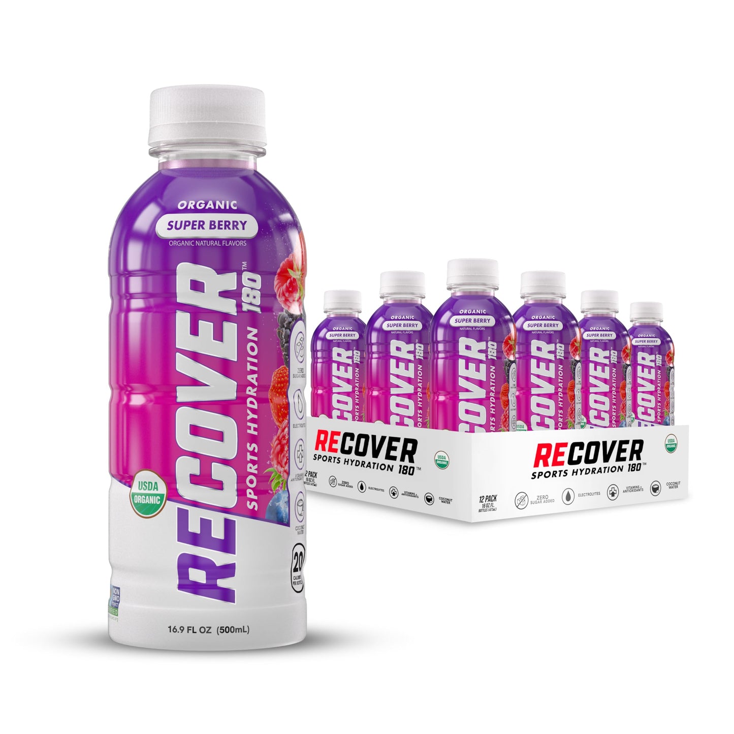 RECOVER 180 Organic Sports Hydration Drink, No Sugar Added, 15 Calories, 16.9 Fl Oz (Pack of 12), Super Berry Flavor