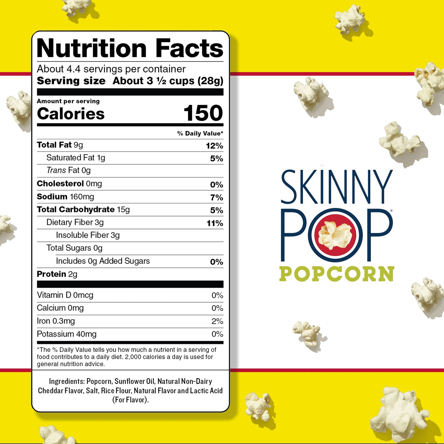 Skinnypop Popcorn, Gluten Free, Non-Gmo, Healthy Snacks, Skinny Pop Dairy Free White Cheddar Popcorn, 4.4Oz Grocery Size Snack B