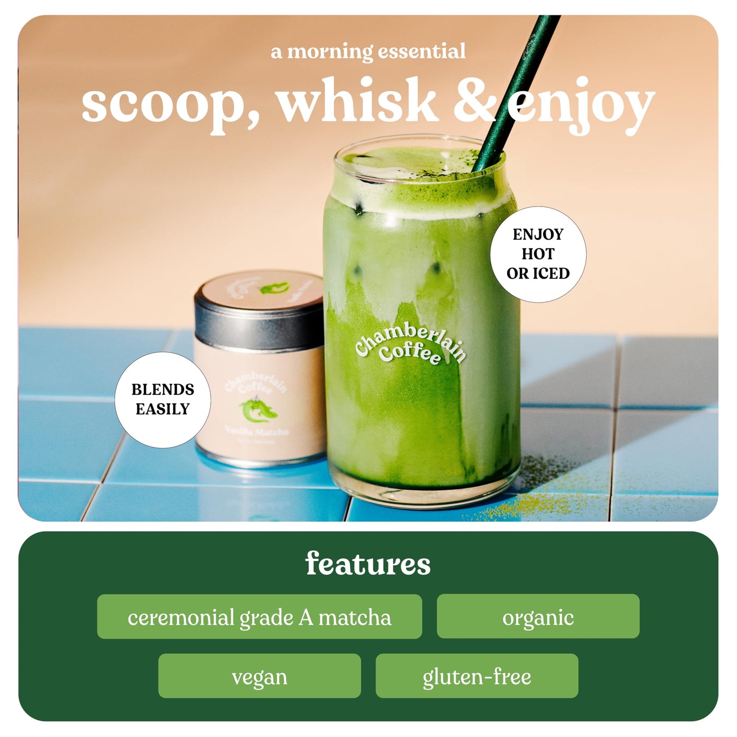 Chamberlain Coffee Vanilla Matcha Green Tea Powder - Madagascar Vanilla + Ceremonial Grade Matcha - Hot Or Iced - Organic, Vegan