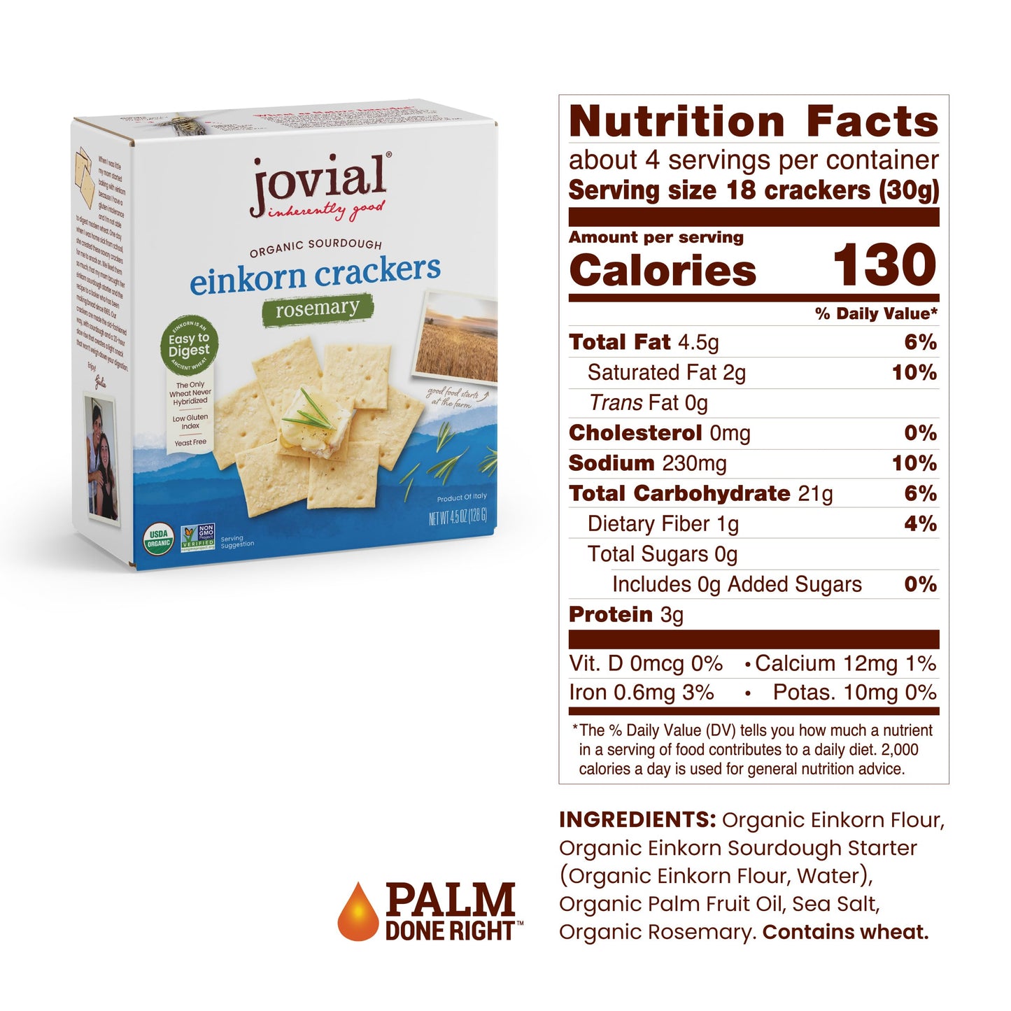 Jovial Organic Sourdough Einkorn Rosemary Crackers - Sourdough Crackers, Crackers For Cheese Platter, Made With Einkorn, Usda Or