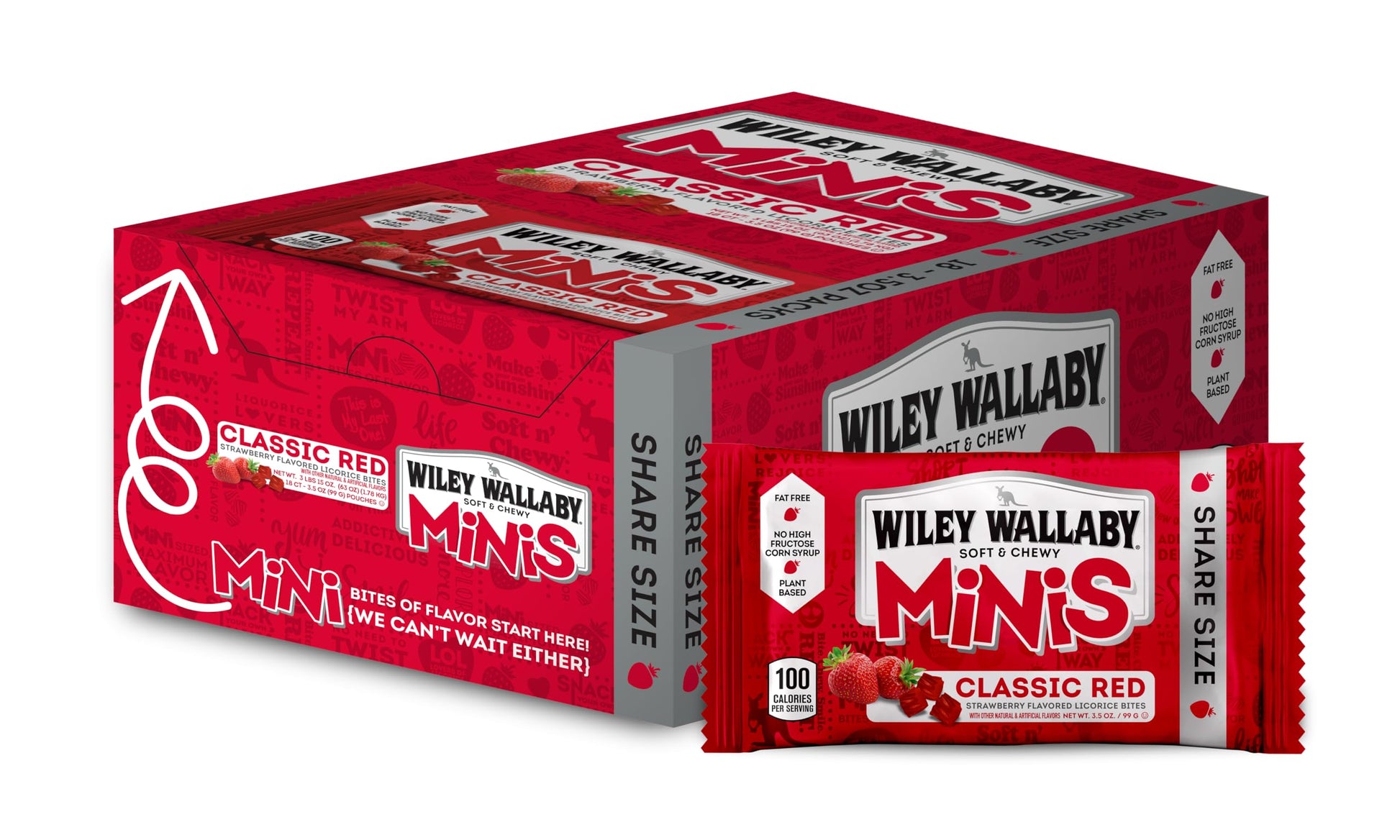 Wiley Wallaby Classic Red Mini Licorice Bites 3.5 Ounce Gourmet Soft & Chewy Australian Strawberry Licorice Candy Bags, 18 Pack