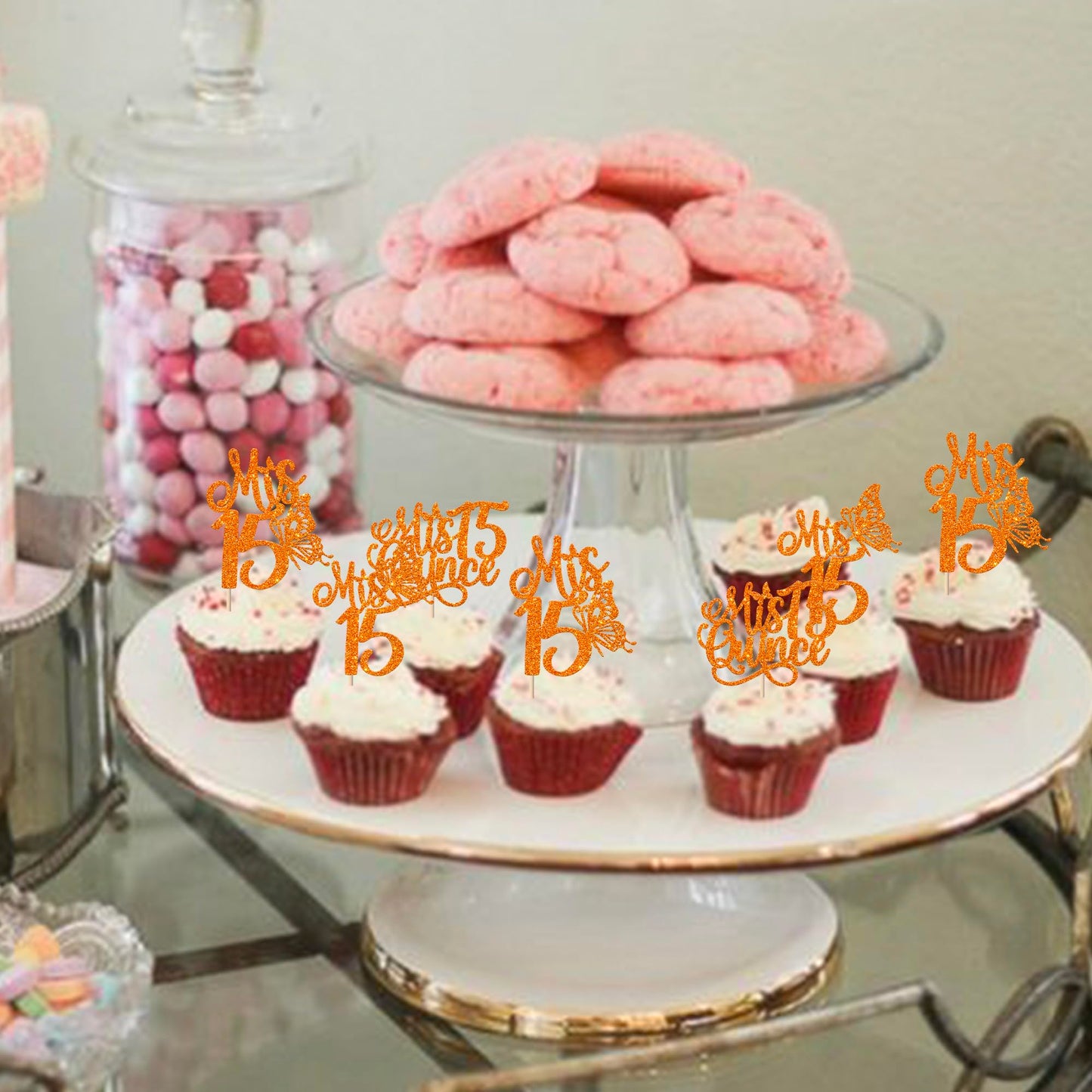 Rssta i Cupcake Toppers, 24 Pack, Quinceañera Theme, Orange Design