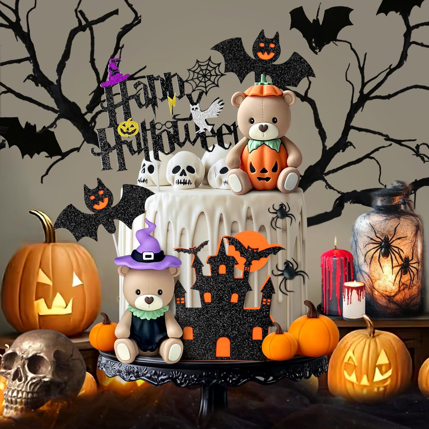9 PCS Halloween Cake Topper Witch Bear Cake Topper Pumpkin Bat Cake Decorations with Happy Halloween Cake Decorations for Scary Party Supplies