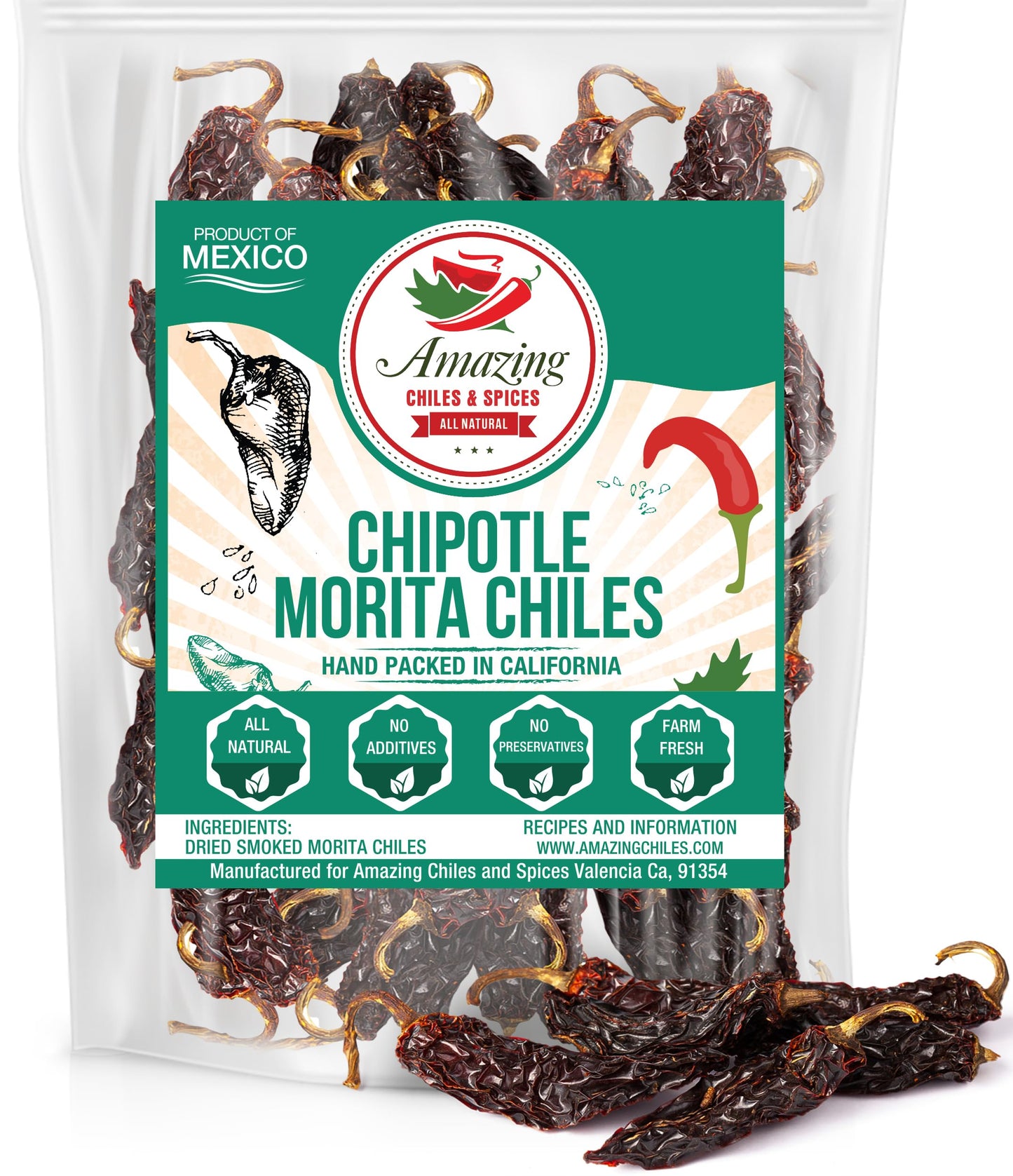 Amazing Chiles & Spices Dried Chipotle Morita Chile Peppers - Smokey Flavor, Medium to High Heat, 4 oz Resealable Bag