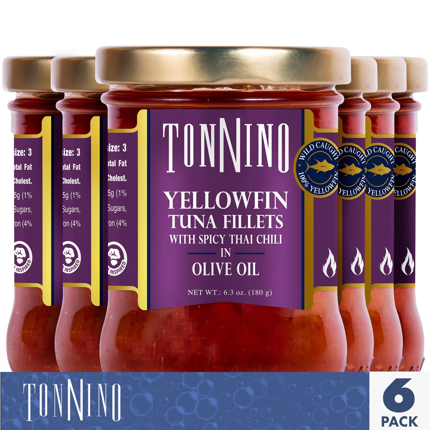 Tonnino Yellowfin Tuna In Olive Oil With Spicy Thai Chili 6.3Oz - 6-Pack: Omega-3, High Protein, Gluten-Free, Ready-To-Eat Tuna Packets For Tuna Salad, Tuna Fish Alternative To Salmon, Tuna Fish