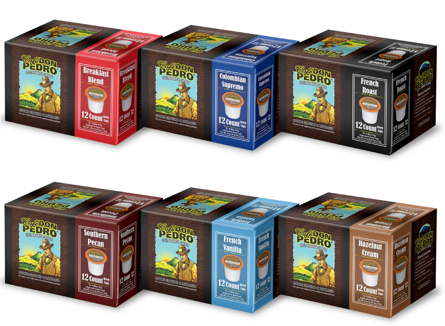 Cafe Don Pedro Arabica Coffee Pods Variety Pack - 72 K-Cups, Low Acid, 6 Flavors, Compatible with Keurig Coffee Maker