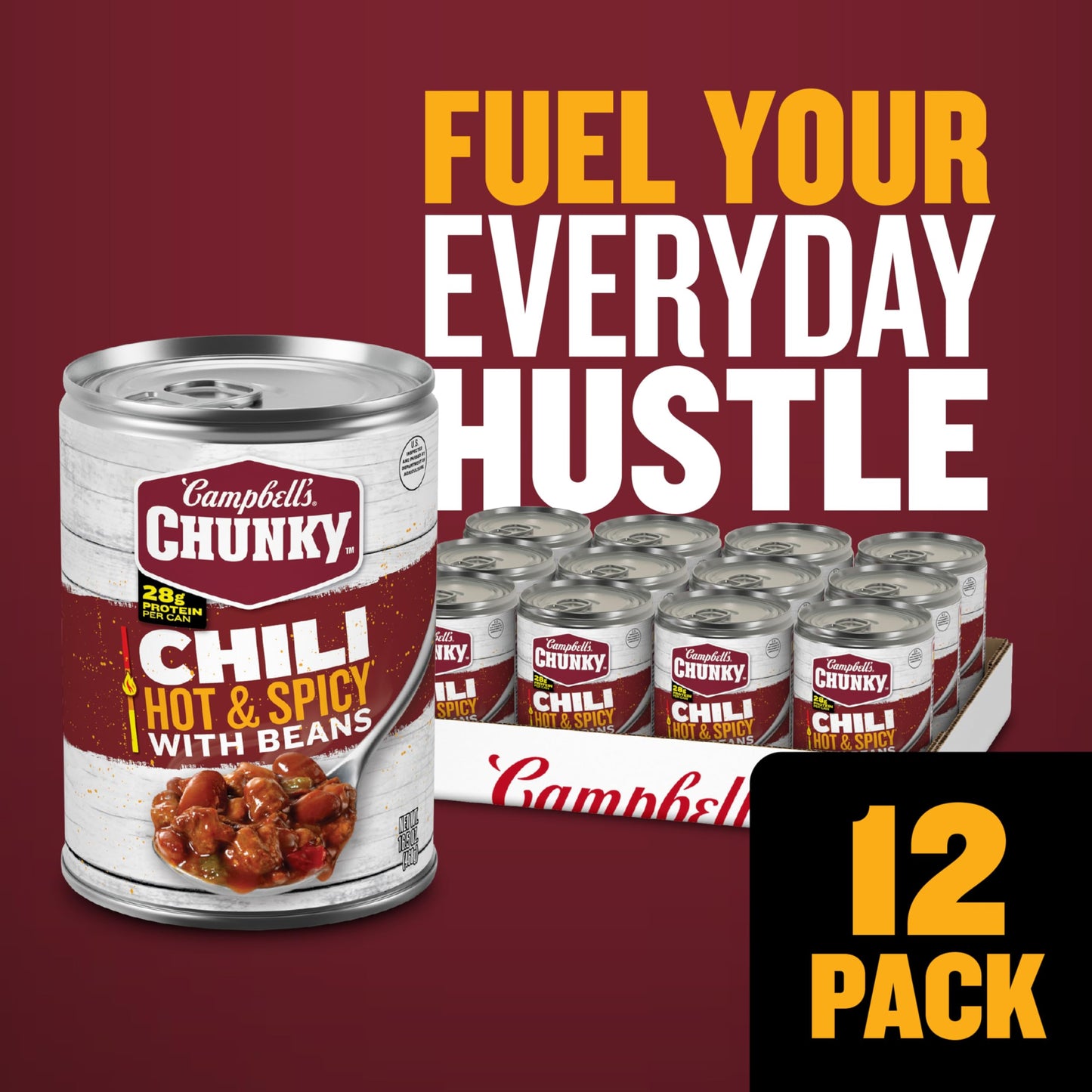 Campbells Chunky Hot And Spicy Chili With Beans, 16.5 Oz Can (12 Pack)