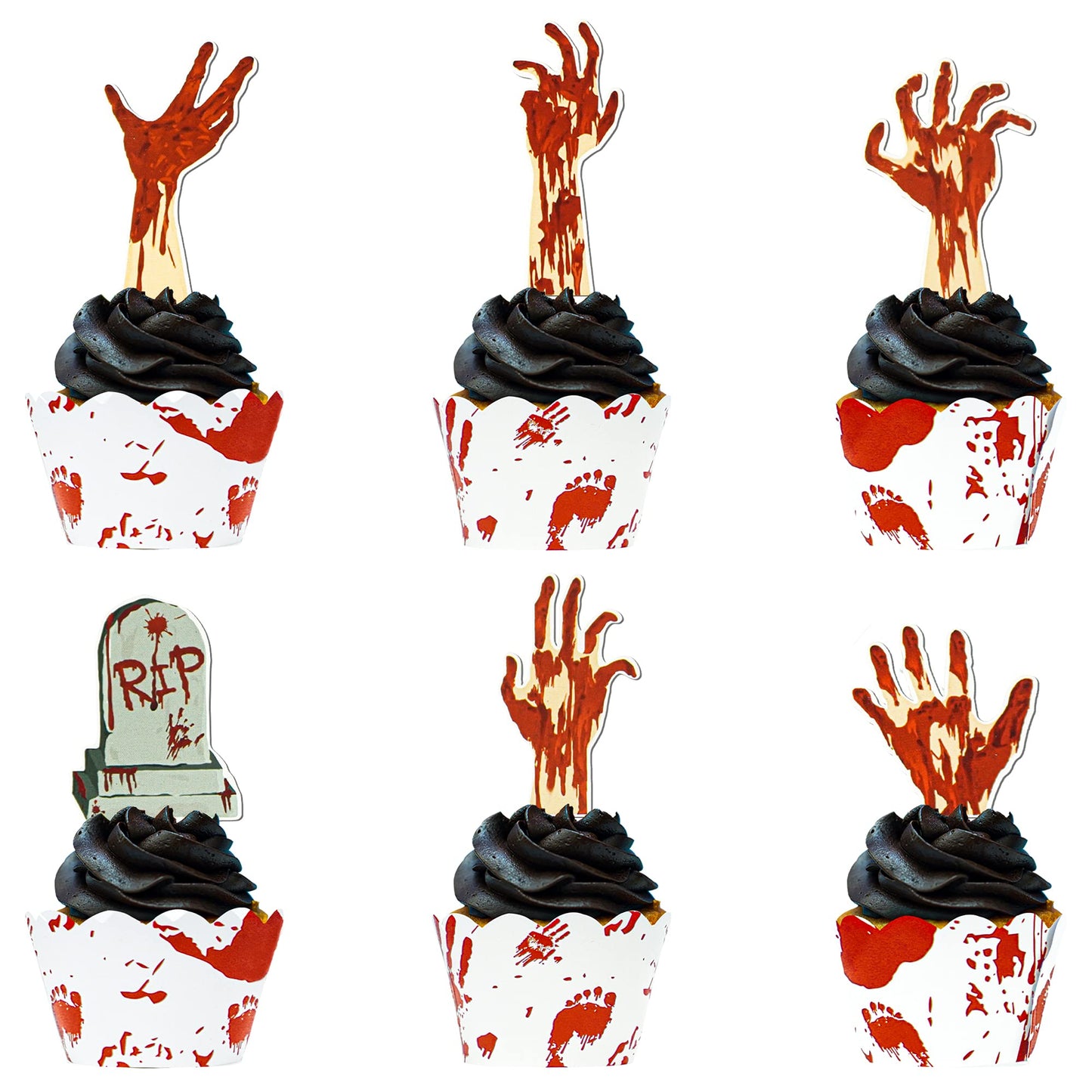 72Pcs Halloween Cupcake Toppers Supplies 36 Pcs Zombie Hand Tombstone Cupcake Toppers And 36 Pcs Horror Red Handprint Cupcake Wr