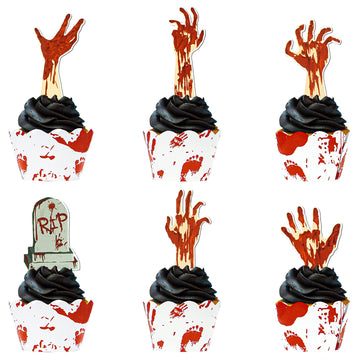 72Pcs Halloween Cupcake Toppers Supplies 36 Pcs Zombie Hand Tombstone Cupcake Toppers And 36 Pcs Horror Red Handprint Cupcake Wr