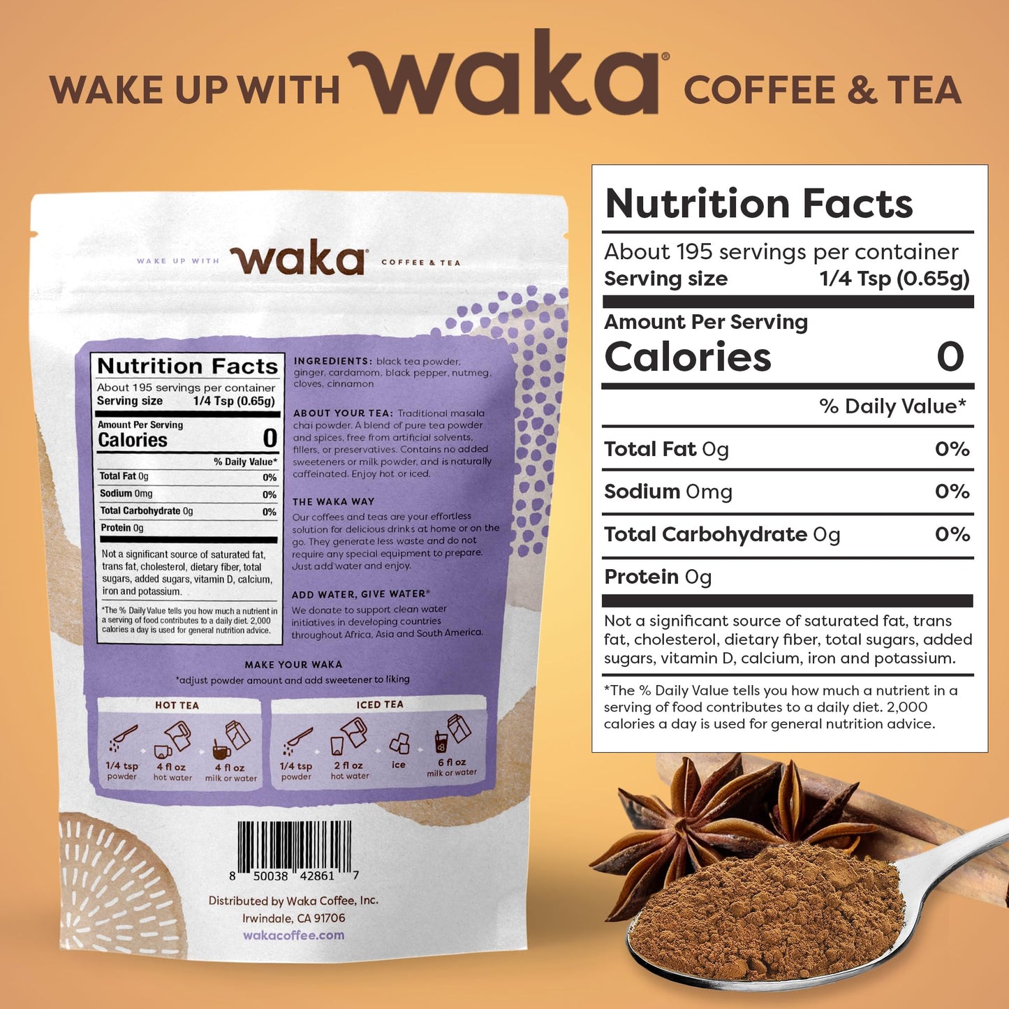 Waka Traditional Masala Instant Chai Tea - 100% Tea Leaves From India, Natural Spices, Unsweetened Tea Powder - No Sugar, No Add