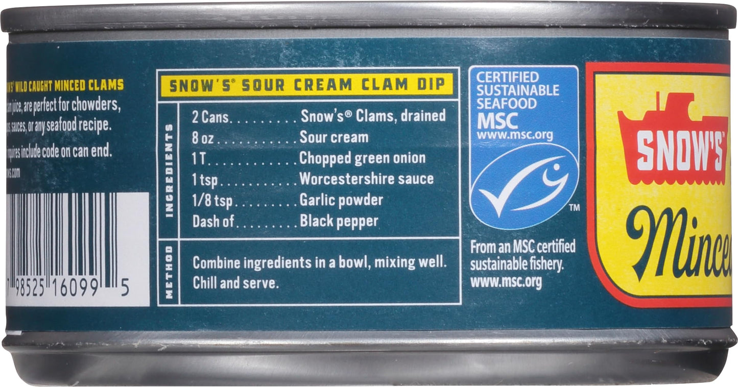 Snow'S Wild Caught Minced Clams Canned, 6.5 Oz Can (Pack Of 12) - 5G Protein Per Serving - Gluten Free, Keto Friendly, 99% Fat F