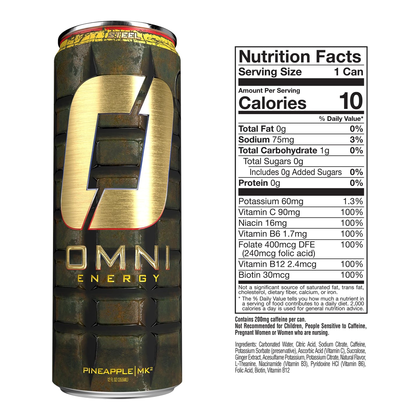 Steel dietary products OMNI Energy Drink Pineapple - Pack of 12, 200mg Caffeine, Sugar-Free, Low Calorie, 12 Oz Cans