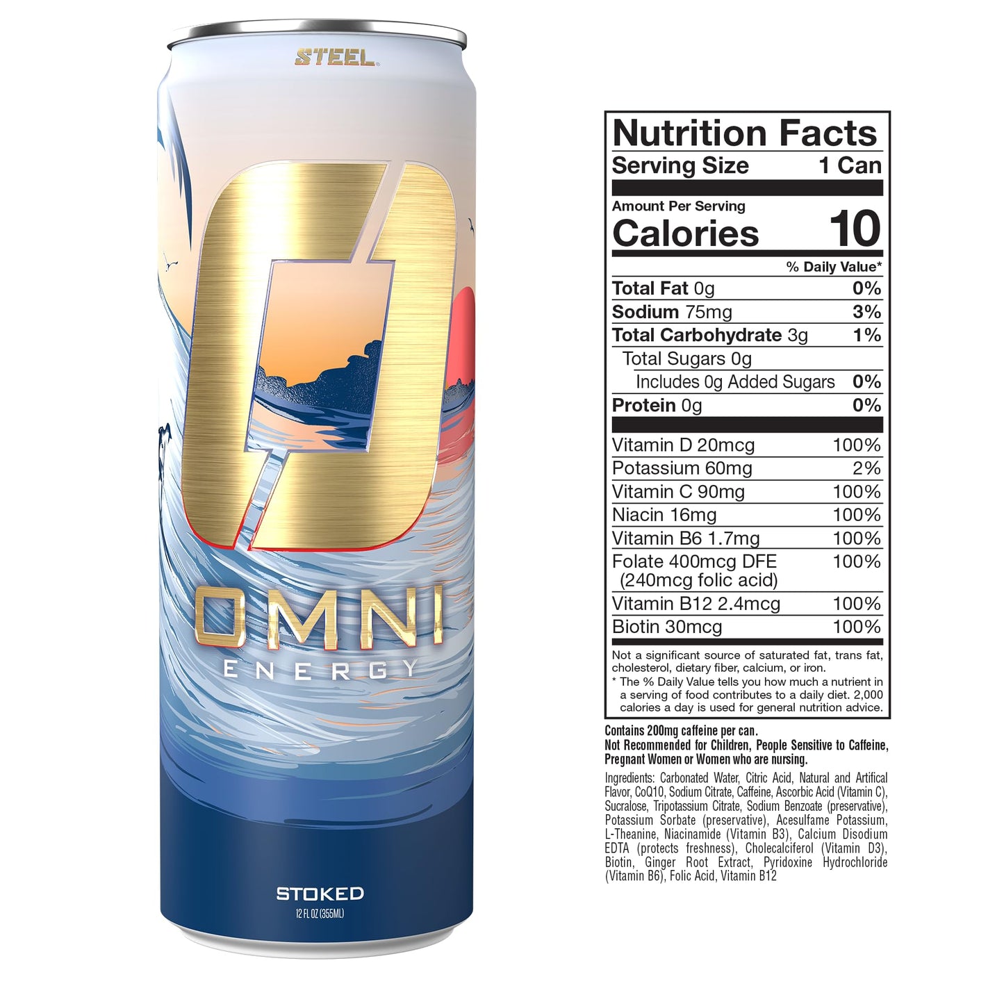 Steel dietary products OMNI Energy Drink Stoked, Sugar-Free, 200mg Caffeine, 12oz, Pack of 12