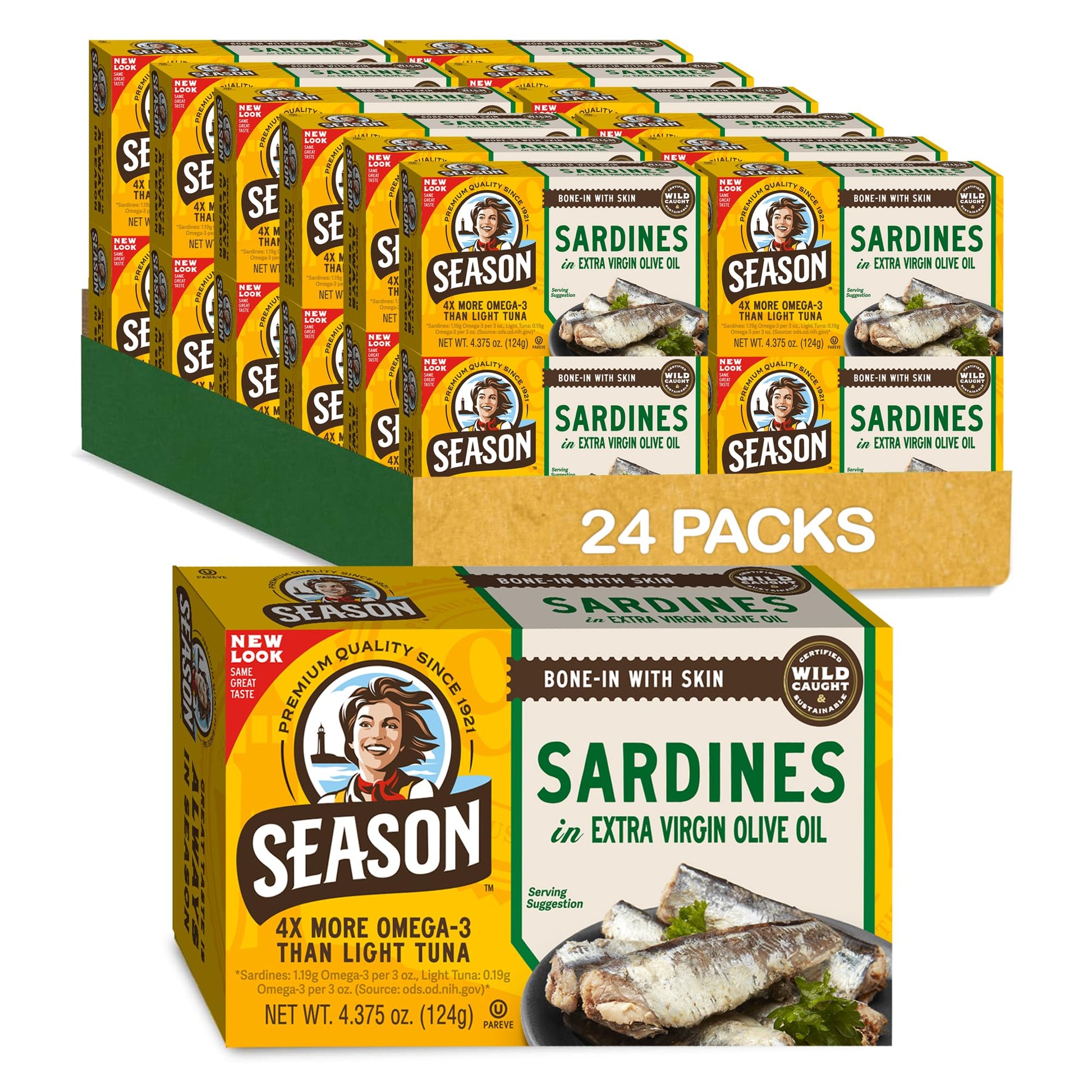 Season Sardines in Extra Virgin Olive Oil - Wild Caught, 22g of Protein, Keto Snacks, More Omega 3 s Than Tuna, Kosher, High in