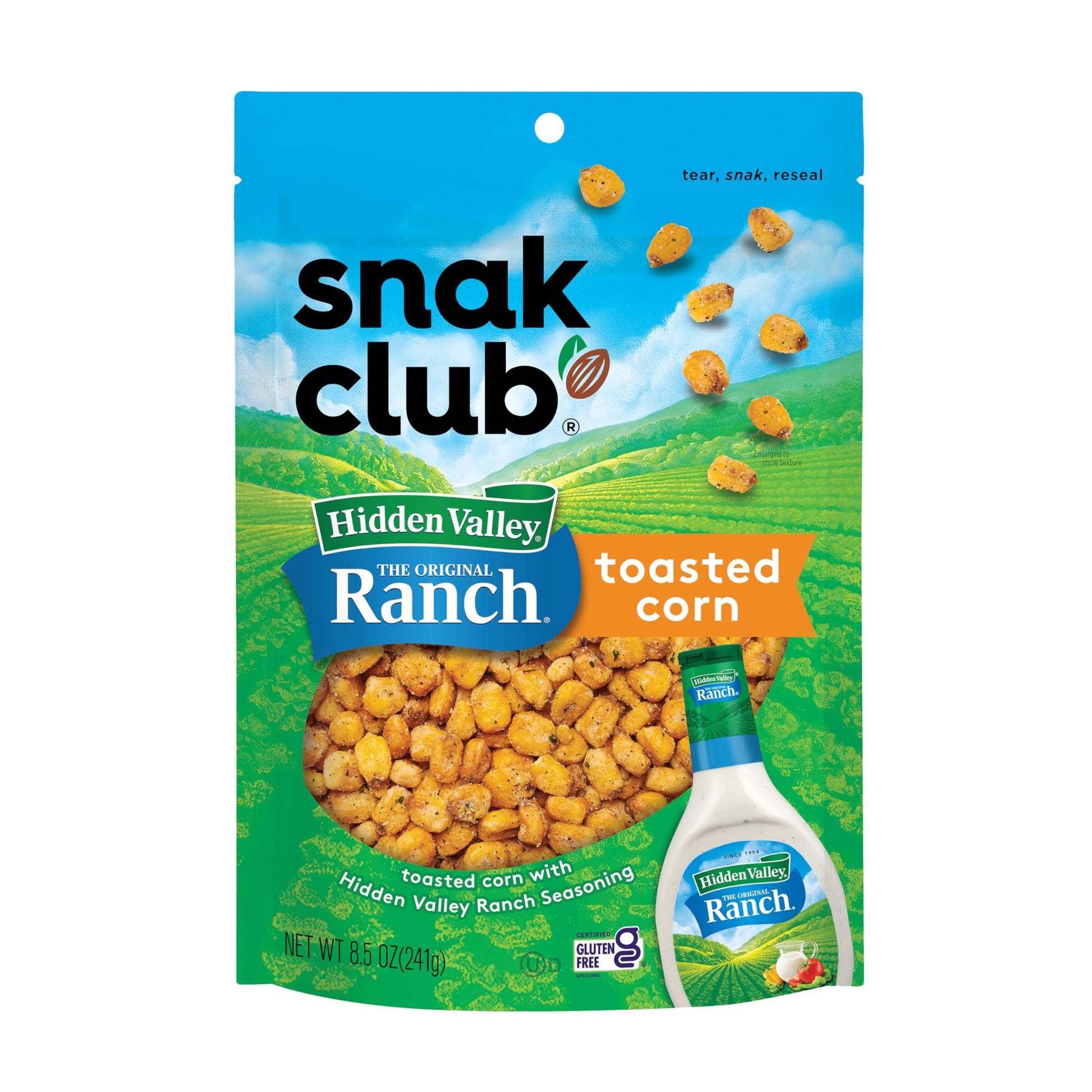 Snak Club Toasted Corn with Hidden Valley Ranch Seasoning, Roasted and Salted Corn Nuggets, Gluten-Free and Kosher Snack, 8.5 oz