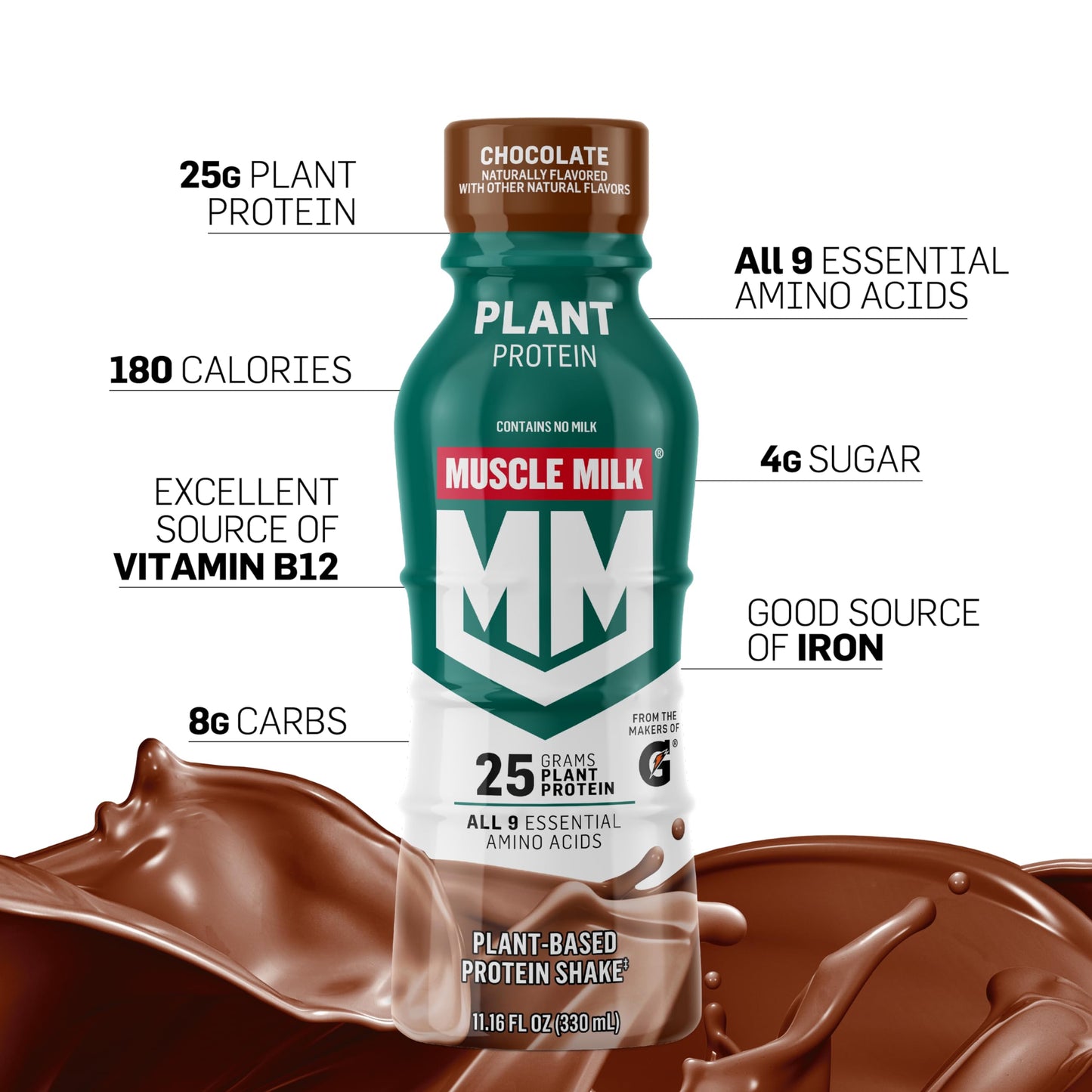 Muscle Milk Plant Based Protein Shake, Chocolate, 11.16 Fl Oz (Pack of 12)